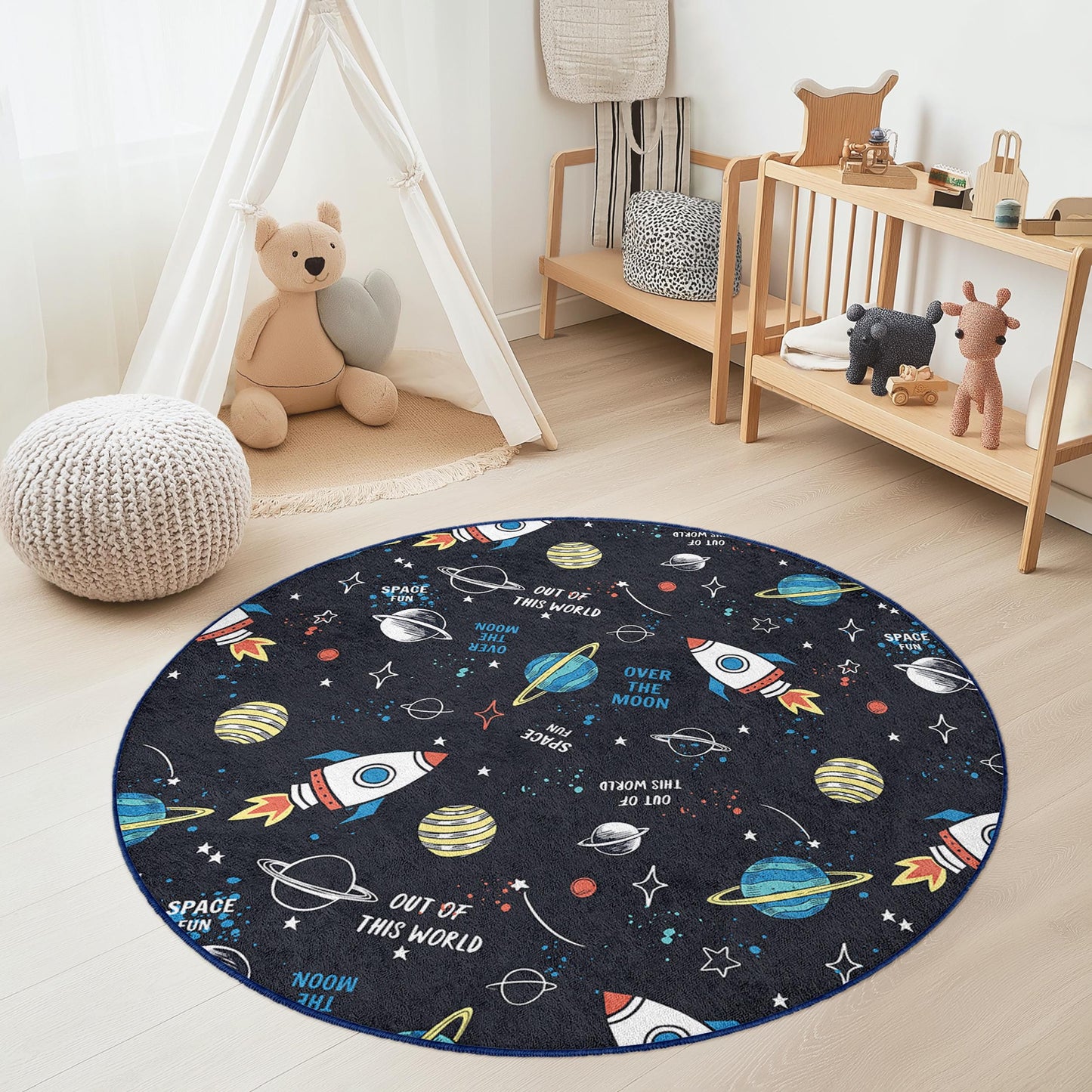 Runder Kinderteppich mit Raketenmotiv, Weltraum-Spielmatte, Astronautenzimmer-Deko, Galaxie-Teppich für Kinder, Kinderzimmerteppich