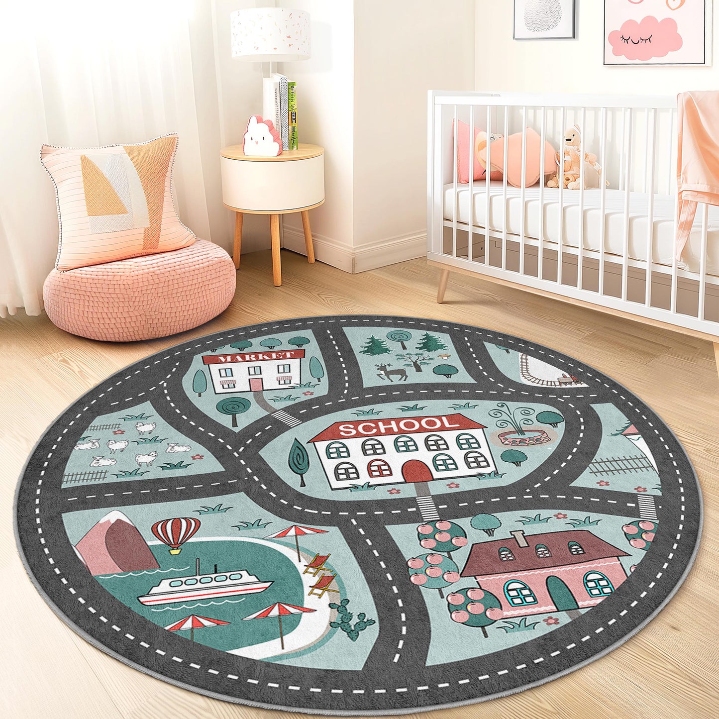Verspielter runder Kinderteppich mit Straßen und Sehenswürdigkeiten, interaktive Spielmatte fürs Kinderzimmer, weiche Kinderzimmerdekoration, lustiger Spielzimmerteppich