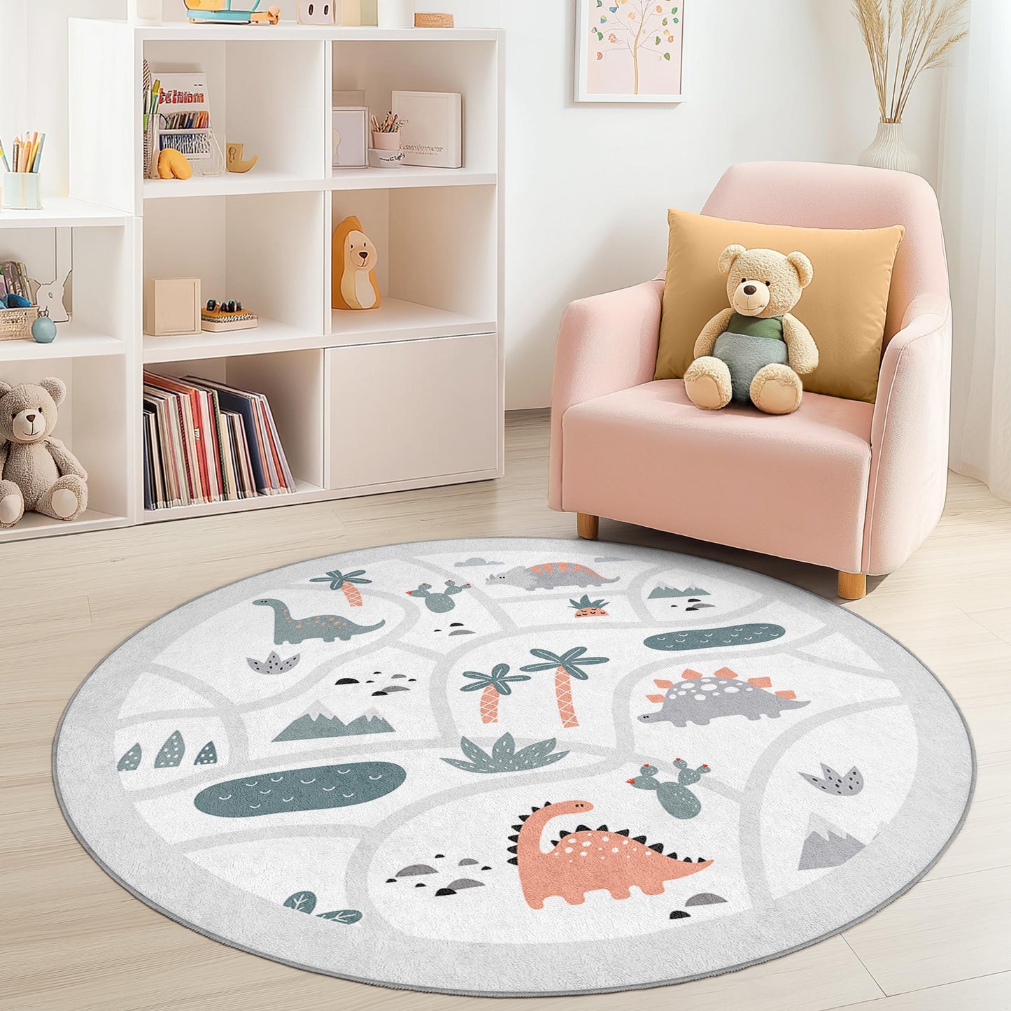 Runder Kinderteppich mit Dinosaurier-Motiv, verspielter Dinosaurier-Kinderteppich, weicher runder Teppich für Kinderzimmer und Spielzimmer