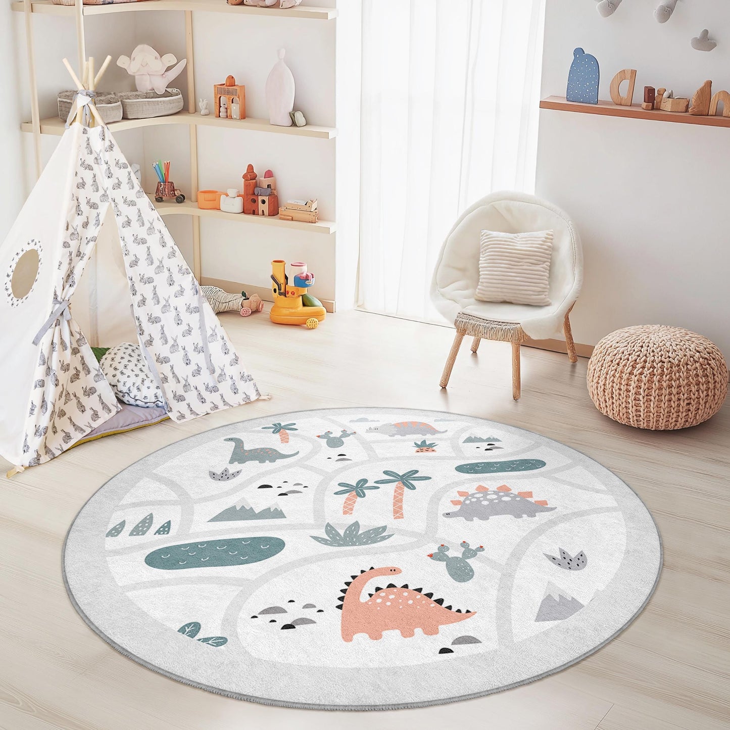 Runder Kinderteppich mit Dinosaurier-Motiv, verspielter Dinosaurier-Kinderteppich, weicher runder Teppich für Kinderzimmer und Spielzimmer