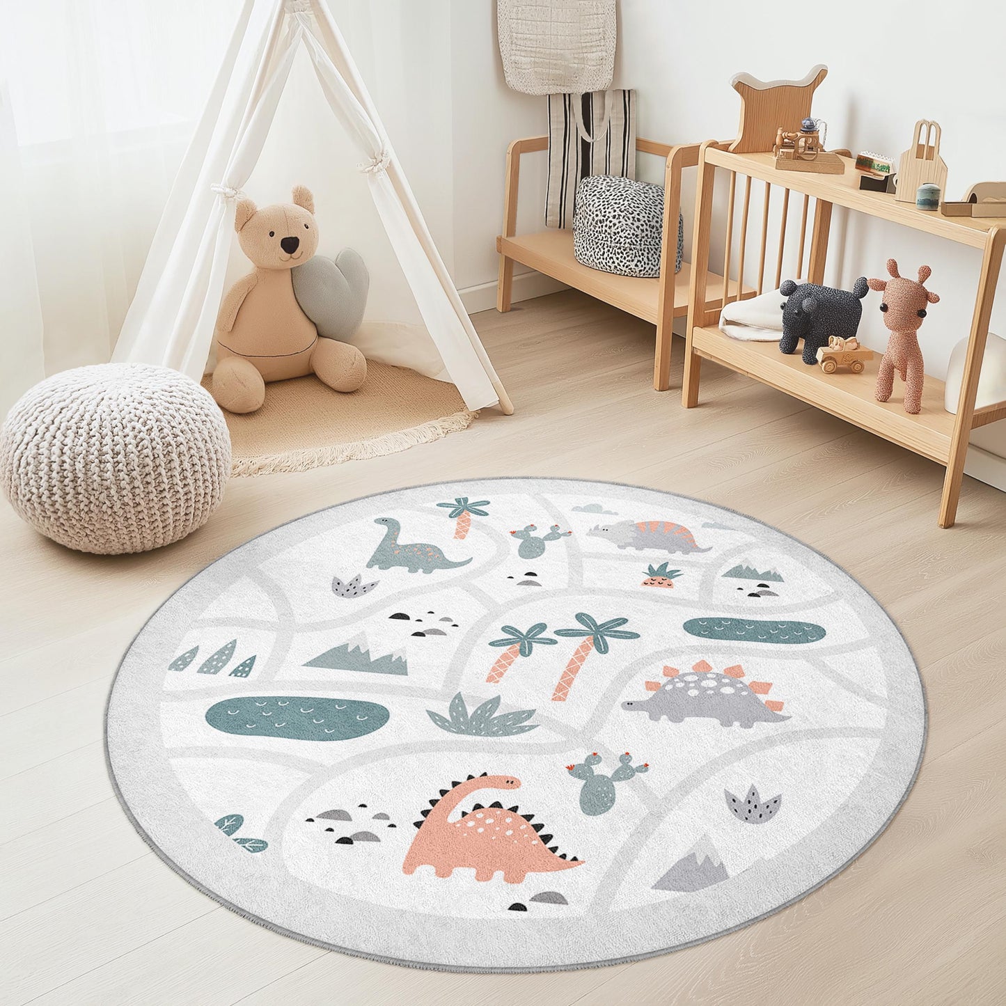 Runder Kinderteppich mit Dinosaurier-Motiv, verspielter Dinosaurier-Kinderteppich, weicher runder Teppich für Kinderzimmer und Spielzimmer