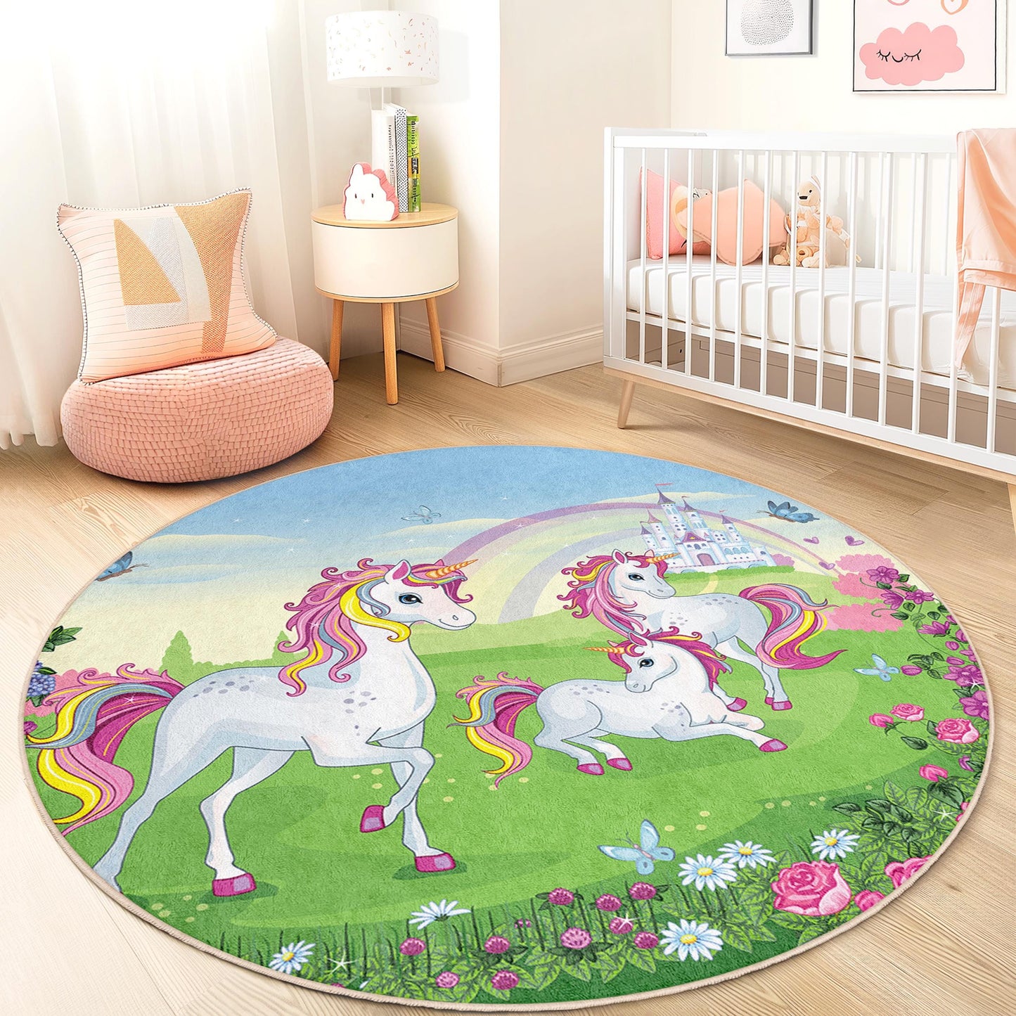 Runder Spielteppich mit magischem Einhornmotiv für Kinder, Fantasie-Einhorn-Teppich, Spielzimmerdeko, Mädchenzimmerteppich, Kinderzimmerteppich mit Einhornmotiv