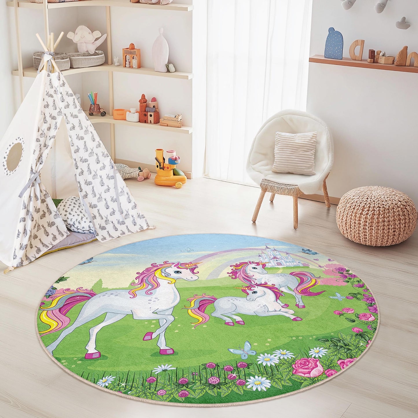 Runder Spielteppich mit magischem Einhornmotiv für Kinder, Fantasie-Einhorn-Teppich, Spielzimmerdeko, Mädchenzimmerteppich, Kinderzimmerteppich mit Einhornmotiv