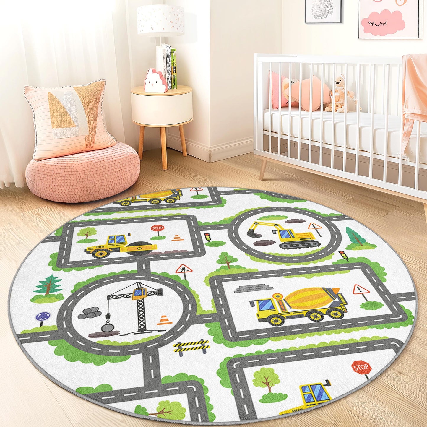 Runder Spielteppich „Baustelle“, Spielmatte mit LKW-Motiven, interaktiver Straßenkarten-Teppich für Spielzimmer und Kinderzimmer