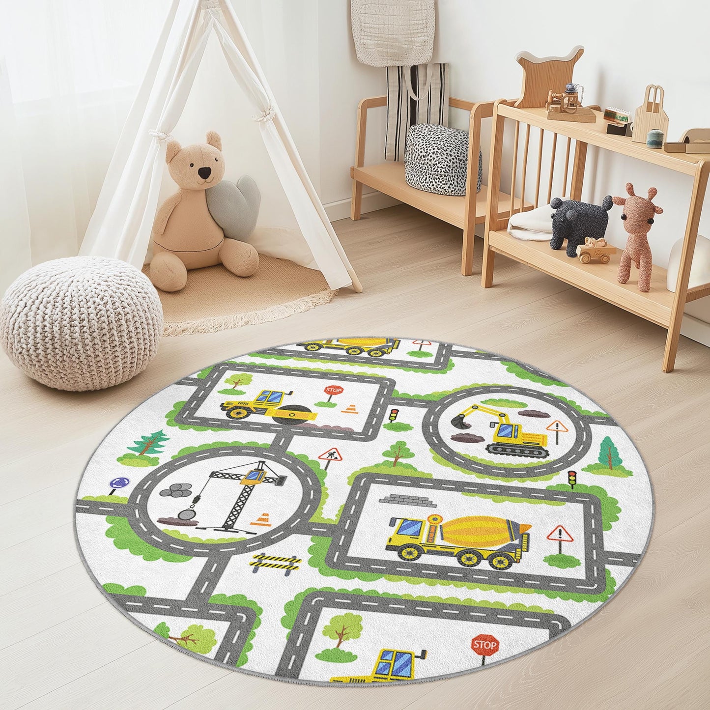 Runder Spielteppich „Baustelle“, Spielmatte mit LKW-Motiven, interaktiver Straßenkarten-Teppich für Spielzimmer und Kinderzimmer