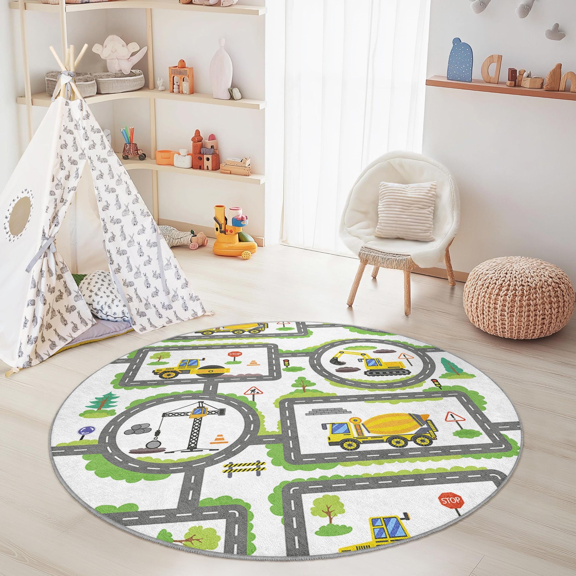 Construction Zone Round Kids Play Rug, Kids Play Mat with Trucks, Interactive Road Map Rug for Playroom, Nursery Decor