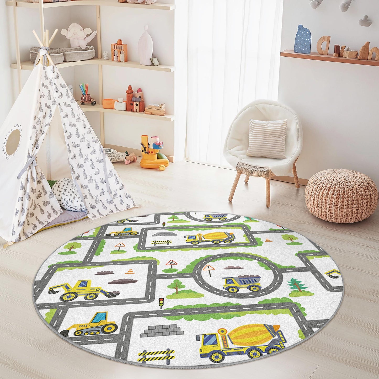 Runder Spielteppich „Baustelle“, LKW- und Straßenkarten-Teppich, Spielzimmerdekoration, Kinderzimmerteppich, weiche Spielmatte für Kinder
