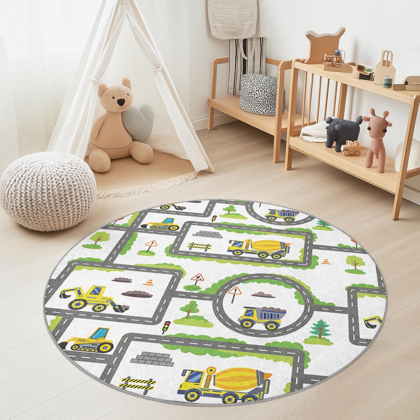 Runder Spielteppich „Baustelle“, LKW- und Straßenkarten-Teppich, Spielzimmerdekoration, Kinderzimmerteppich, weiche Spielmatte für Kinder