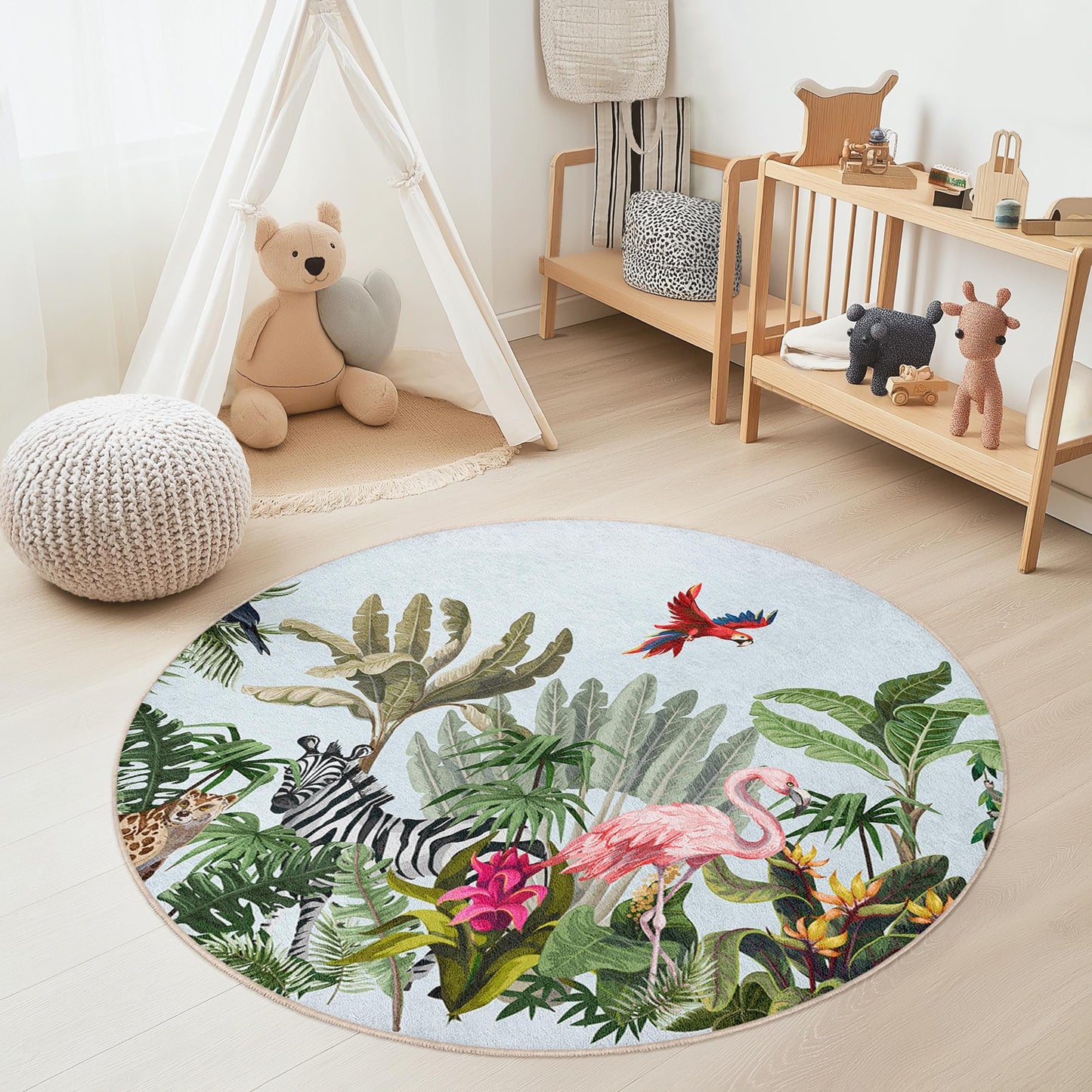 Runder Kinderteppich „Tropisches Paradies“, Dschungeltier-Spielmatte, Flamingo-Dekor, Naturinspirierter runder Teppich, Bodenbelag für Kinderzimmer