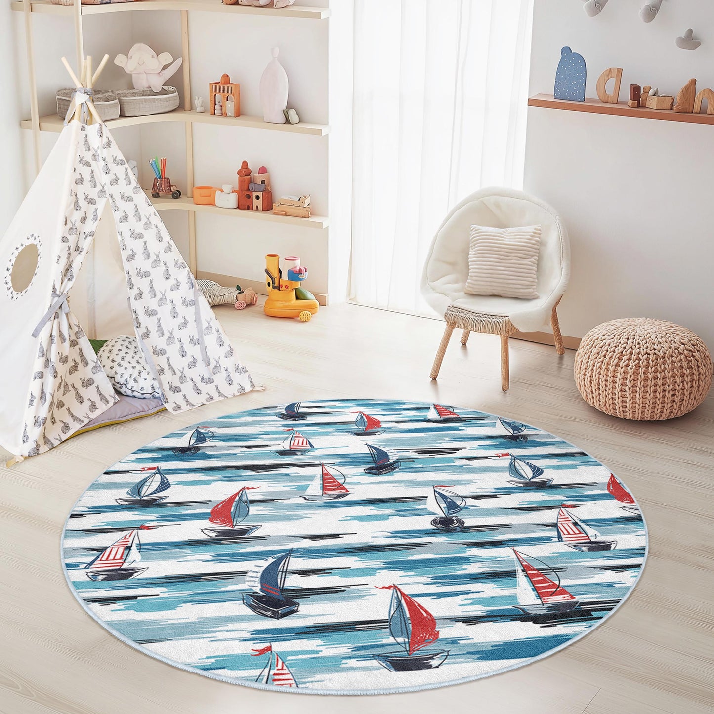 Runder Teppich mit Segelbootmotiv, Kinderzimmerdeko, Spielmatte mit Ozeanmotiv, Teppich für Meeresabenteuer, runder Teppich für Kinder