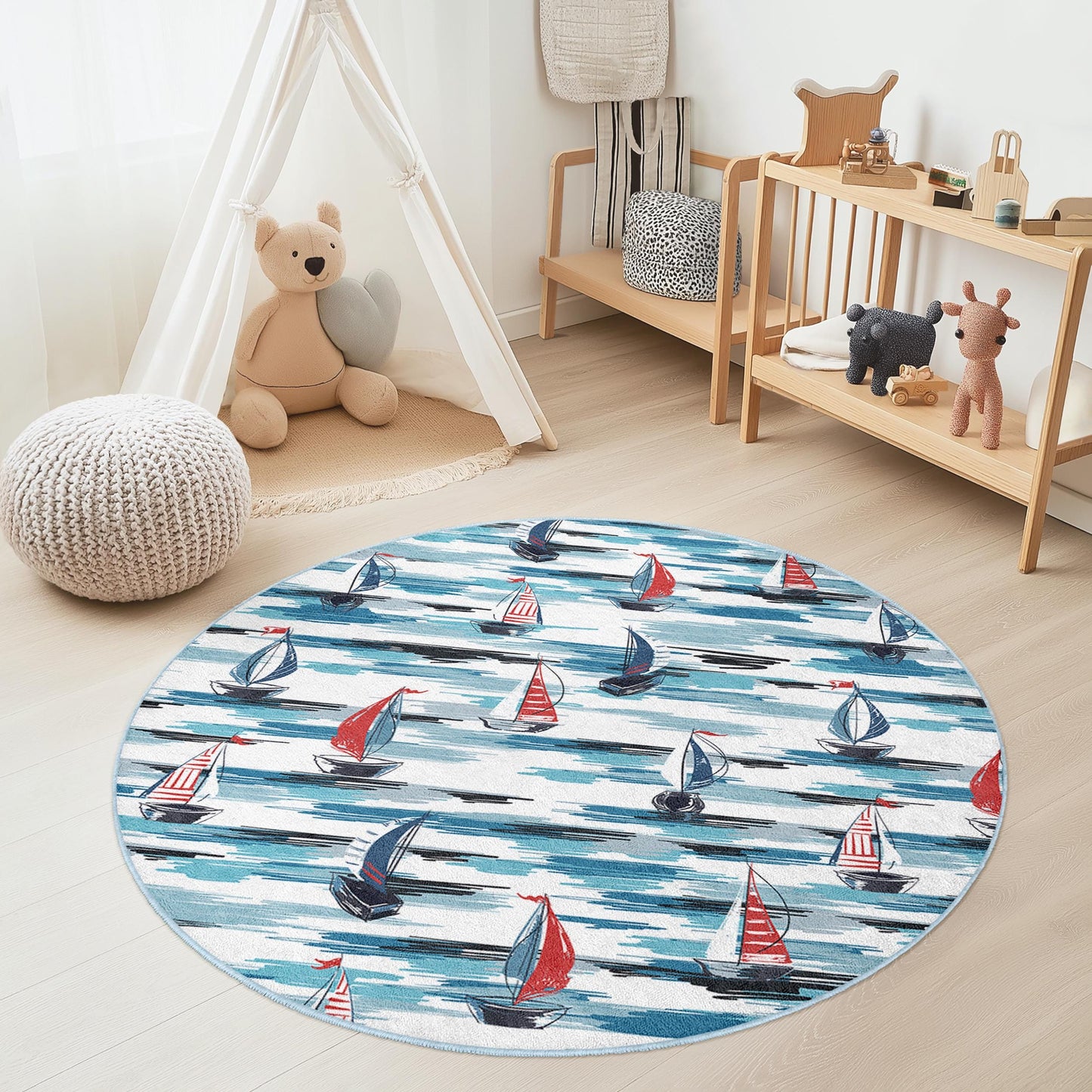 Runder Teppich mit Segelbootmotiv, Kinderzimmerdeko, Spielmatte mit Ozeanmotiv, Teppich für Meeresabenteuer, runder Teppich für Kinder