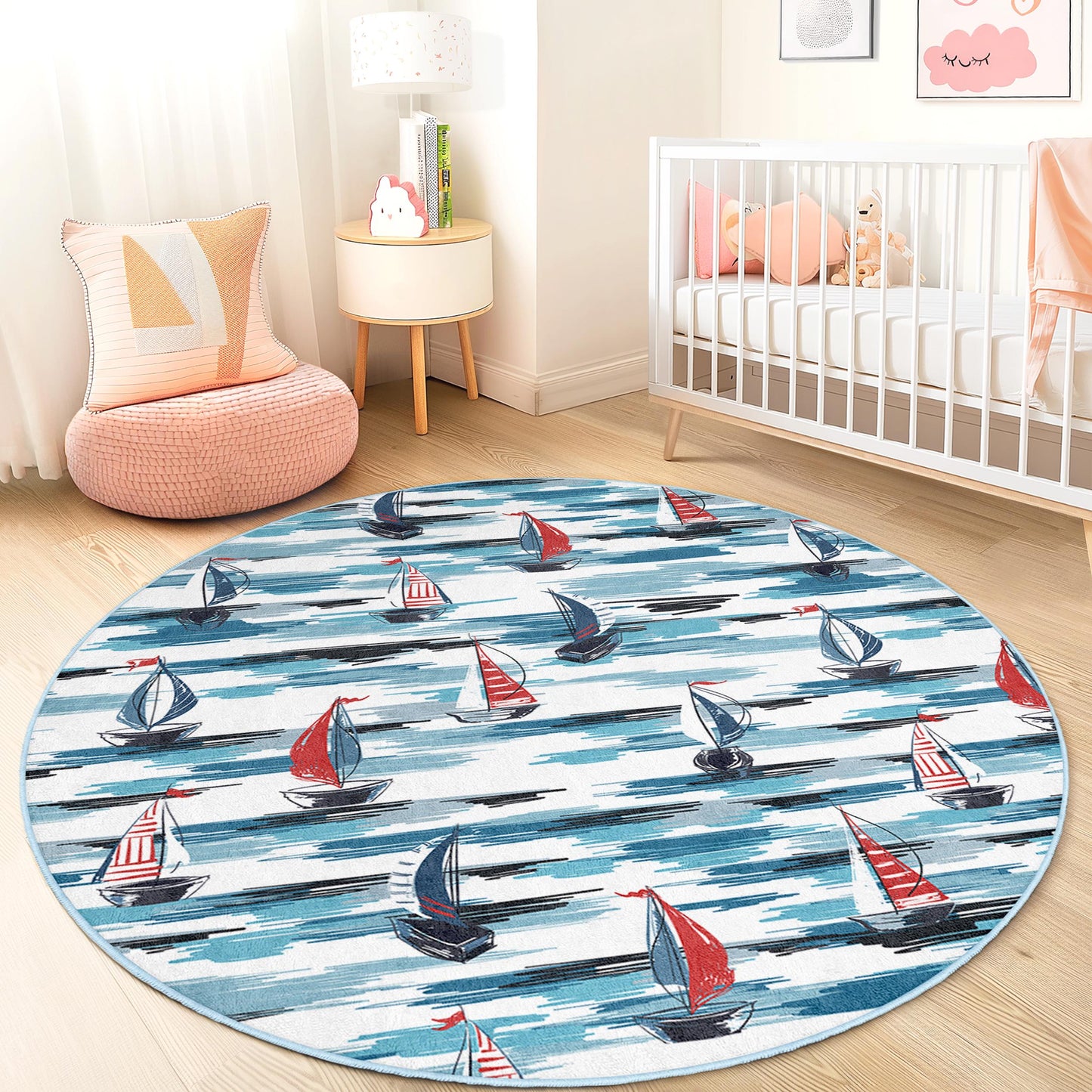 Runder Teppich mit Segelbootmotiv, Kinderzimmerdeko, Spielmatte mit Ozeanmotiv, Teppich für Meeresabenteuer, runder Teppich für Kinder