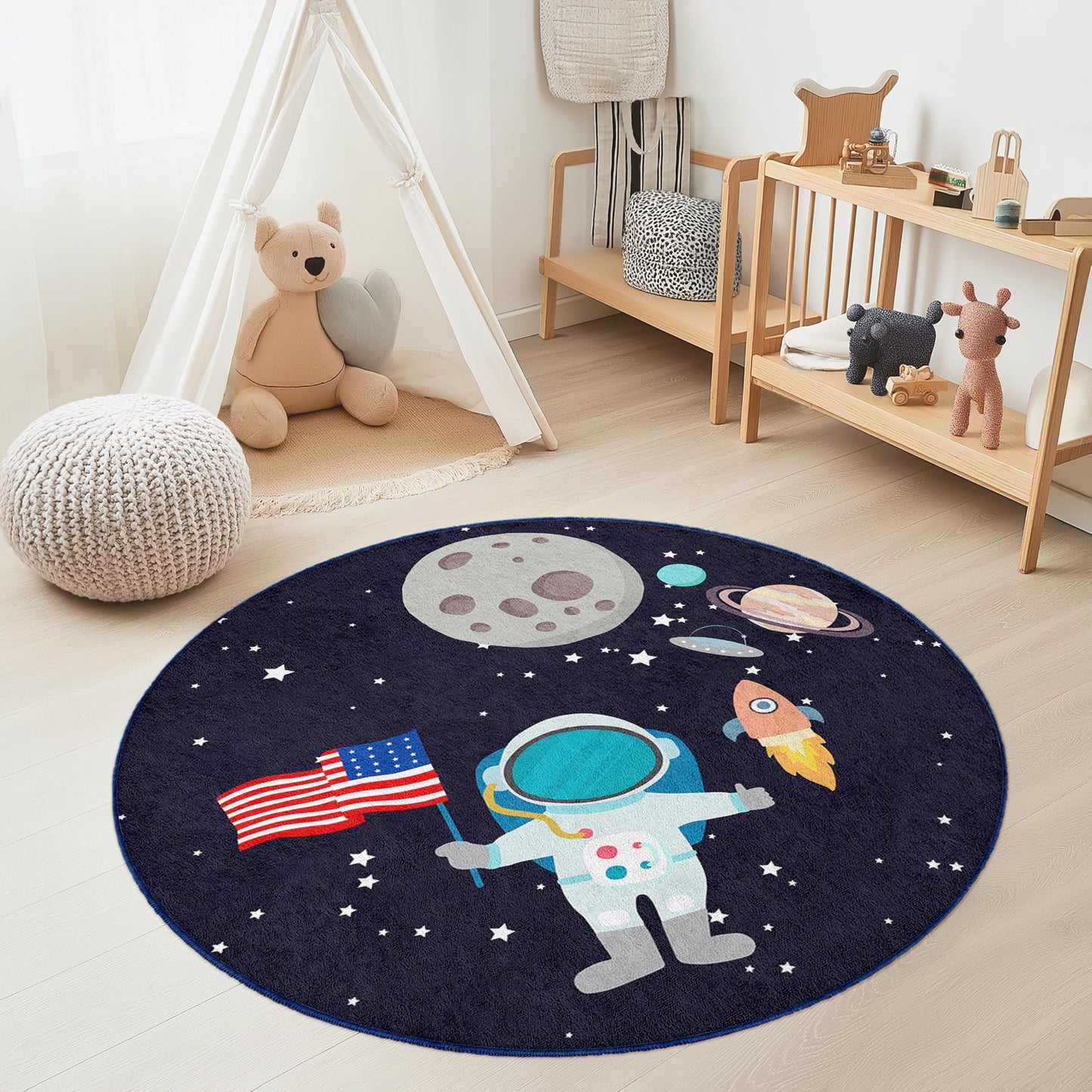 Runder Kinderteppich mit Astronauten-Weltraum-Motiv, Weltraumteppich, Galaxie-Deko fürs Kinderzimmer, Spielzimmerteppich, lustiger Planetenteppich