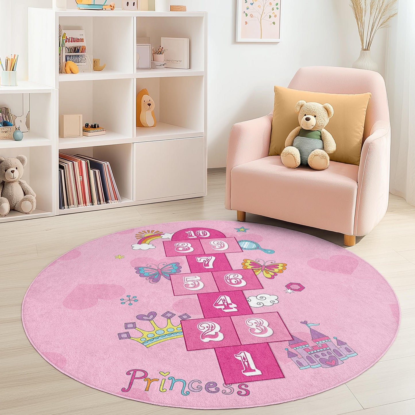 Prinzessinnen-Hüpfspiel-Spielteppich, rund, rosa Kinderteppich, Mädchenzimmer-Deko, interaktive Hüpfspielmatte, weicher Kinderzimmerteppich, Spielzimmerteppich