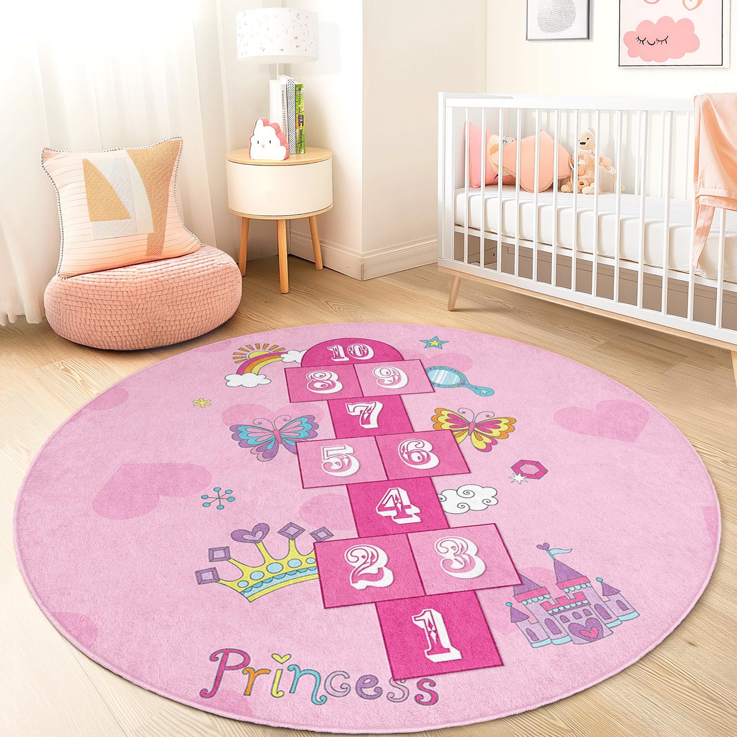 Prinzessinnen-Hüpfspiel-Spielteppich, rund, rosa Kinderteppich, Mädchenzimmer-Deko, interaktive Hüpfspielmatte, weicher Kinderzimmerteppich, Spielzimmerteppich