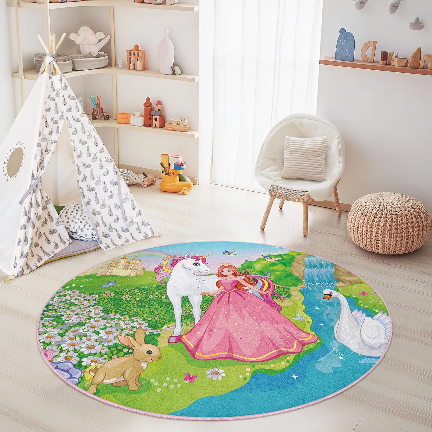Runder Spielteppich mit magischem Einhornmotiv für Kinder, Prinzessinnen-Kinderzimmerteppich, Märchenteppich, Spielzimmerdeko, Kinderzimmerteppich