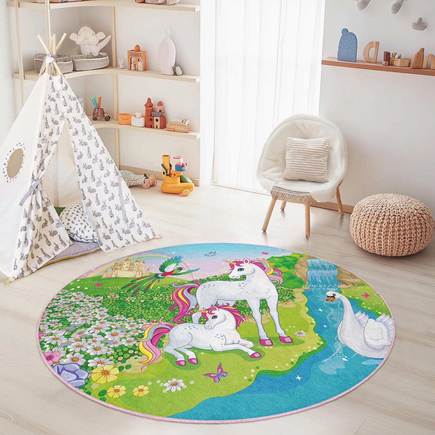 Runder Zauber-Einhorn-Teppich, Zauberwald-Kinderteppich, Einhorn-Spielmatte, Märchenteppich, Kinderzimmerdeko