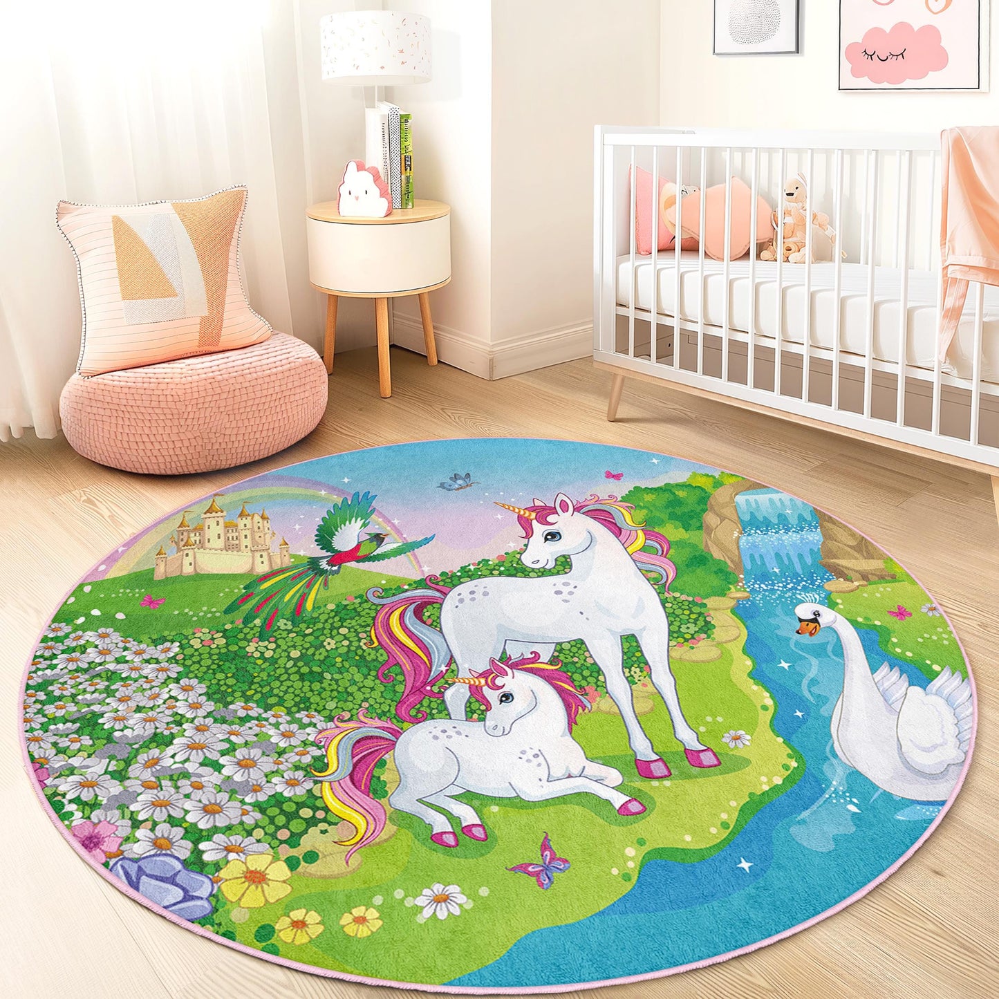 Runder Zauber-Einhorn-Teppich, Zauberwald-Kinderteppich, Einhorn-Spielmatte, Märchenteppich, Kinderzimmerdeko