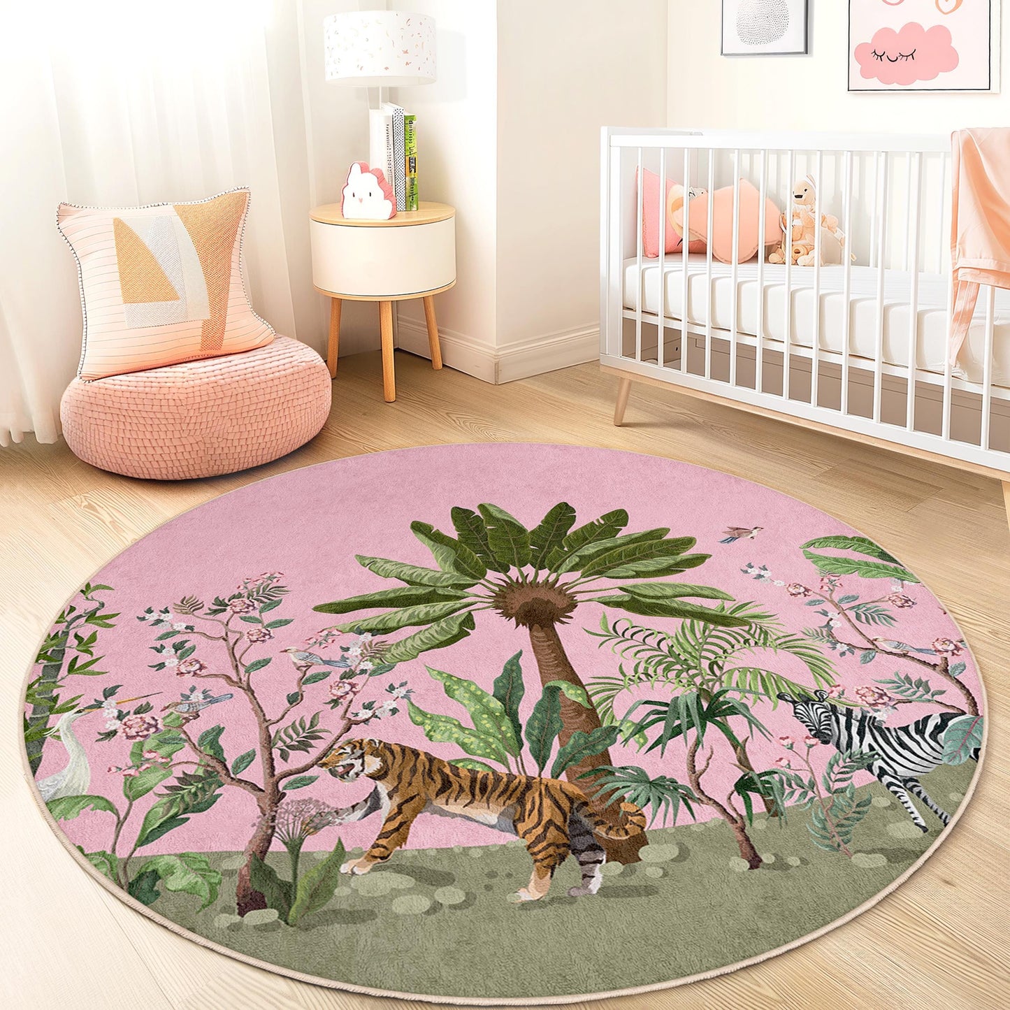 Runder Kinderteppich mit tropischem Dschungelmotiv, Safari-Tierteppich, rosa Dschungelteppich, Kinderzimmerdeko, Spielzimmerteppich, Teppich mit Naturmotiv