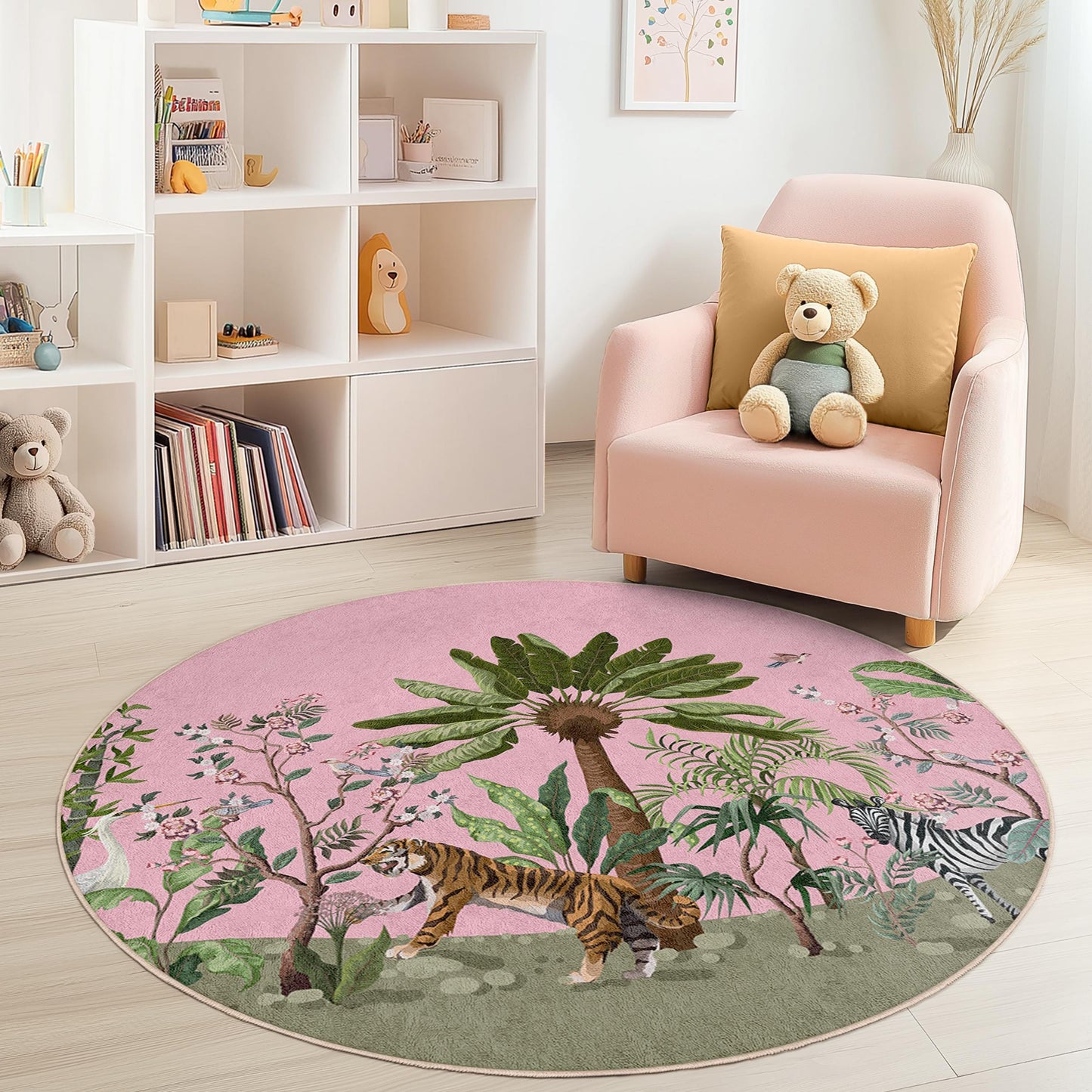 Runder Kinderteppich mit tropischem Dschungelmotiv, Safari-Tierteppich, rosa Dschungelteppich, Kinderzimmerdeko, Spielzimmerteppich, Teppich mit Naturmotiv