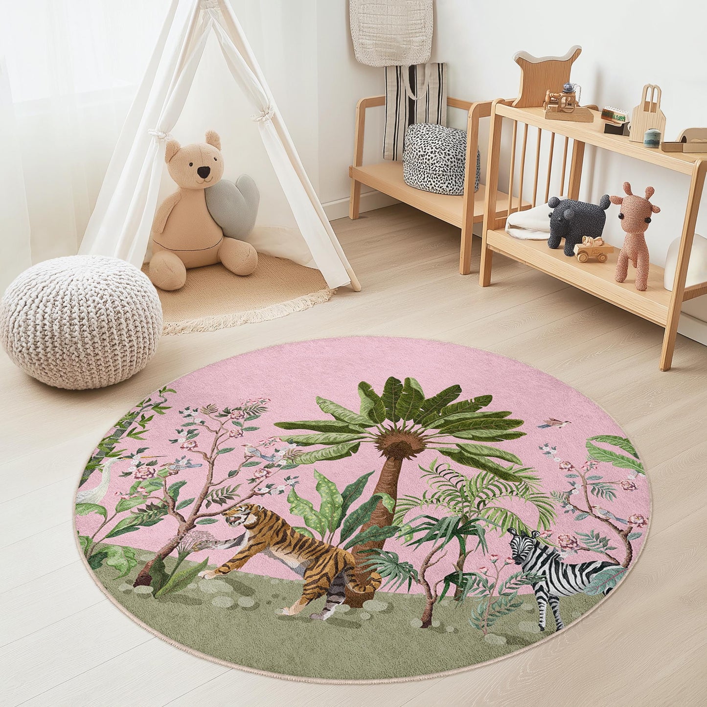 Runder Kinderteppich mit tropischem Dschungelmotiv, Safari-Tierteppich, rosa Dschungelteppich, Kinderzimmerdeko, Spielzimmerteppich, Teppich mit Naturmotiv