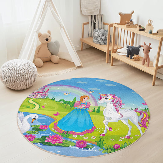 Magical Princess Unicorn Round Kids Rug, Fairy Tale Play Mat, Colorful Nursery Decor, Enchanted Garden Rug, Children's Room Carpet