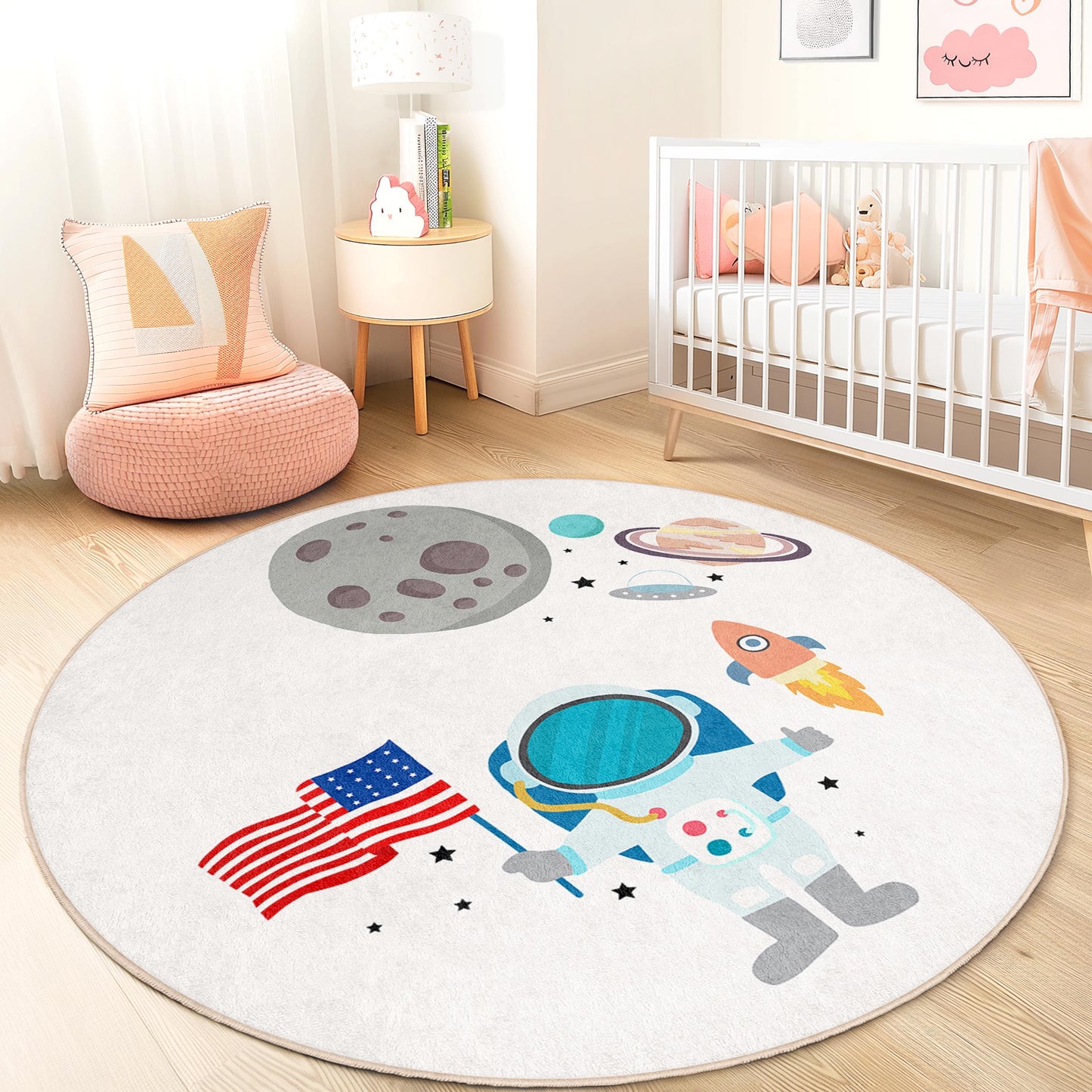 Runder Kinderteppich „Weltraumabenteuer“, Spielmatte mit Astronauten und Planeten, Weltraum-Kinderzimmerdeko, Galaxie-Teppich fürs Kinderzimmer