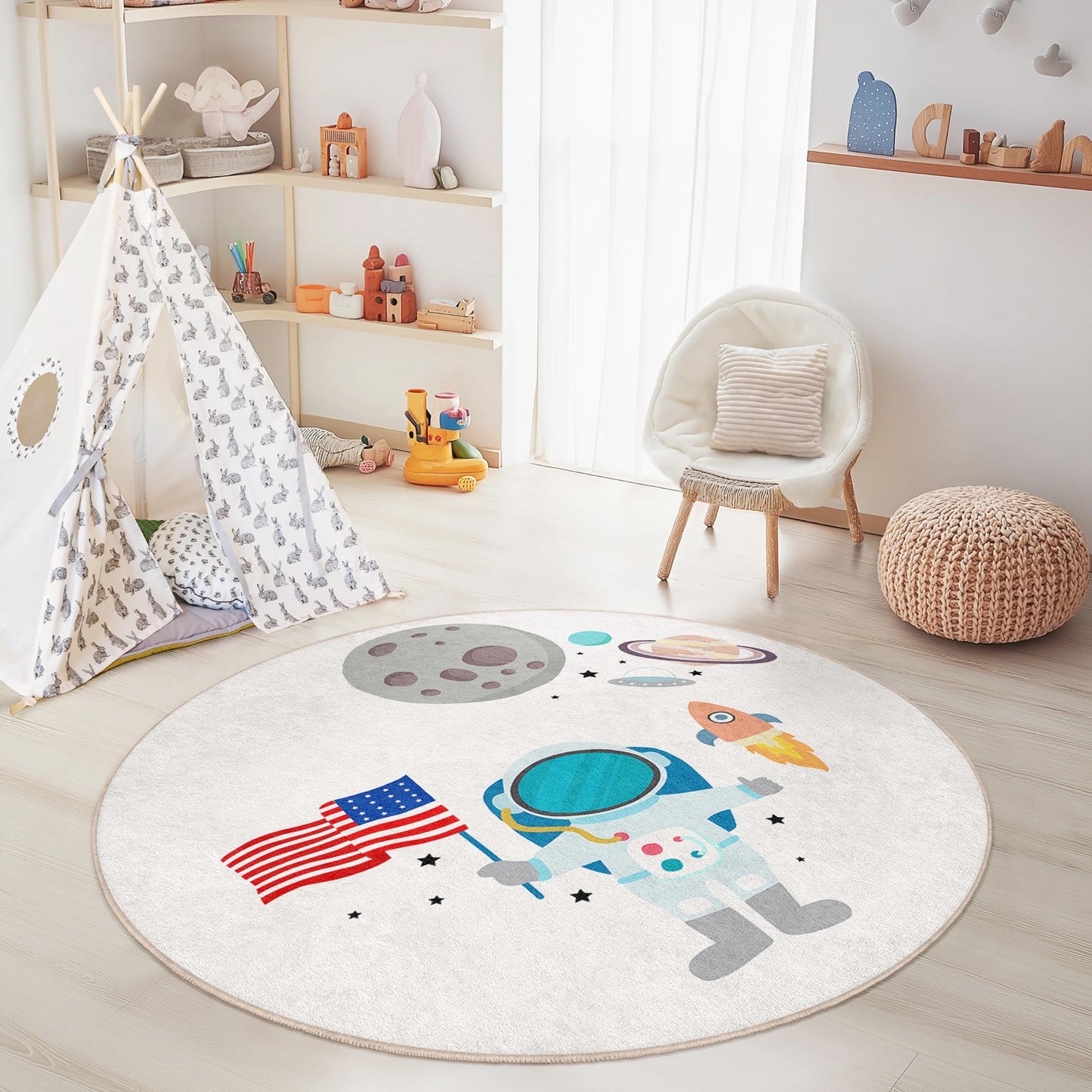 Runder Kinderteppich „Weltraumabenteuer“, Spielmatte mit Astronauten und Planeten, Weltraum-Kinderzimmerdeko, Galaxie-Teppich fürs Kinderzimmer