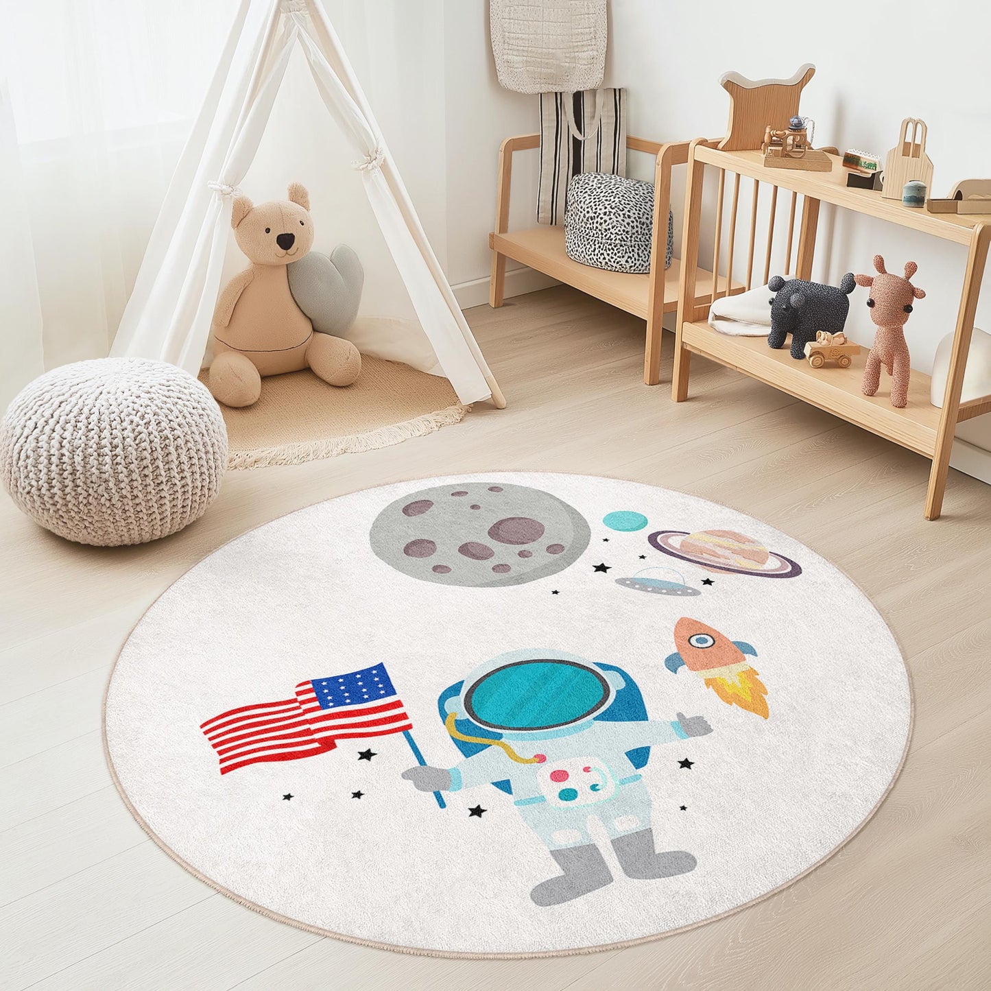 Runder Kinderteppich „Weltraumabenteuer“, Spielmatte mit Astronauten und Planeten, Weltraum-Kinderzimmerdeko, Galaxie-Teppich fürs Kinderzimmer