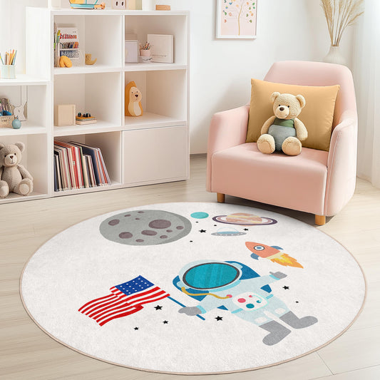Space Adventure Round Kids Rug, Astronaut and Planets Play Mat, Outer Space Nursery Decor, Galaxy Themed Rug for Kids Room