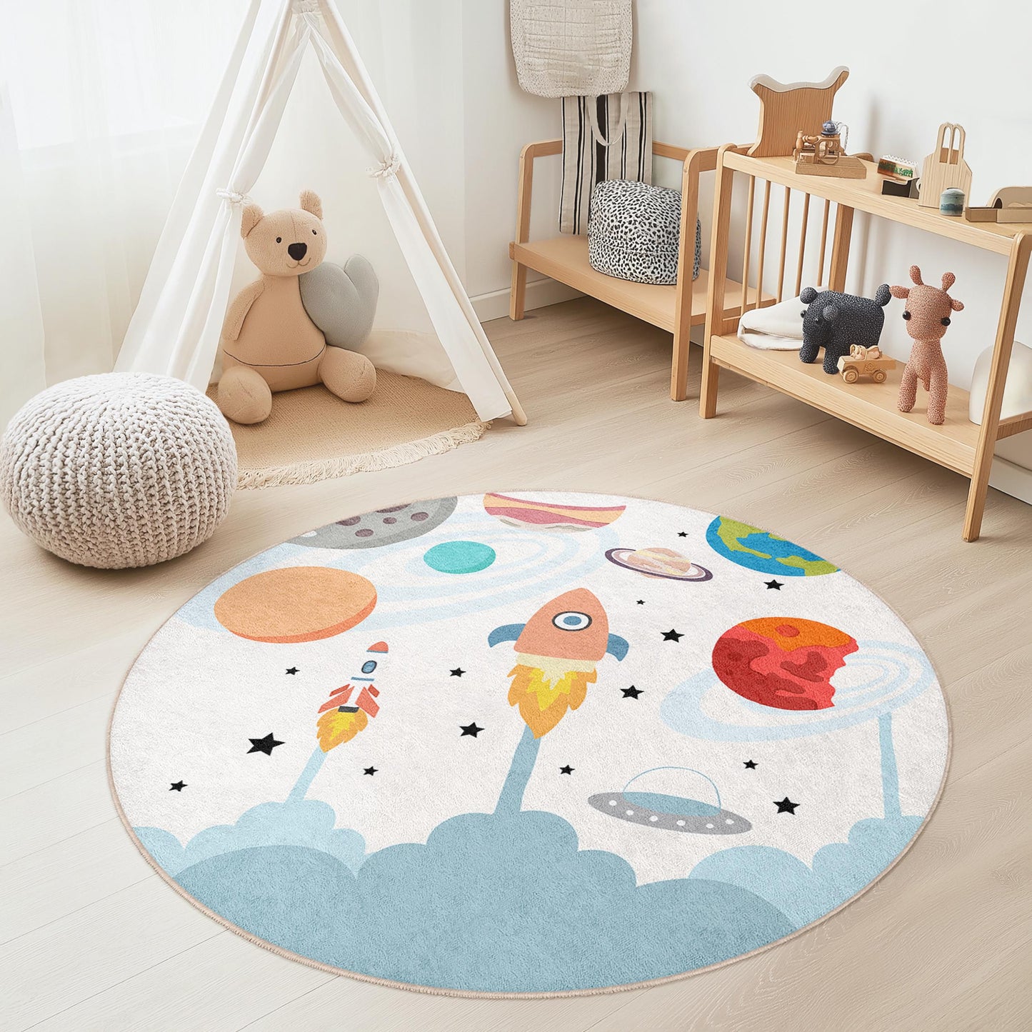 Runder Spielteppich „Raketenabenteuer“ für Kinder, Weltraumteppich, farbenfrohe Kinderzimmerdekoration, lustiger Spielzimmerteppich, Akzent im Kleinkinderzimmer