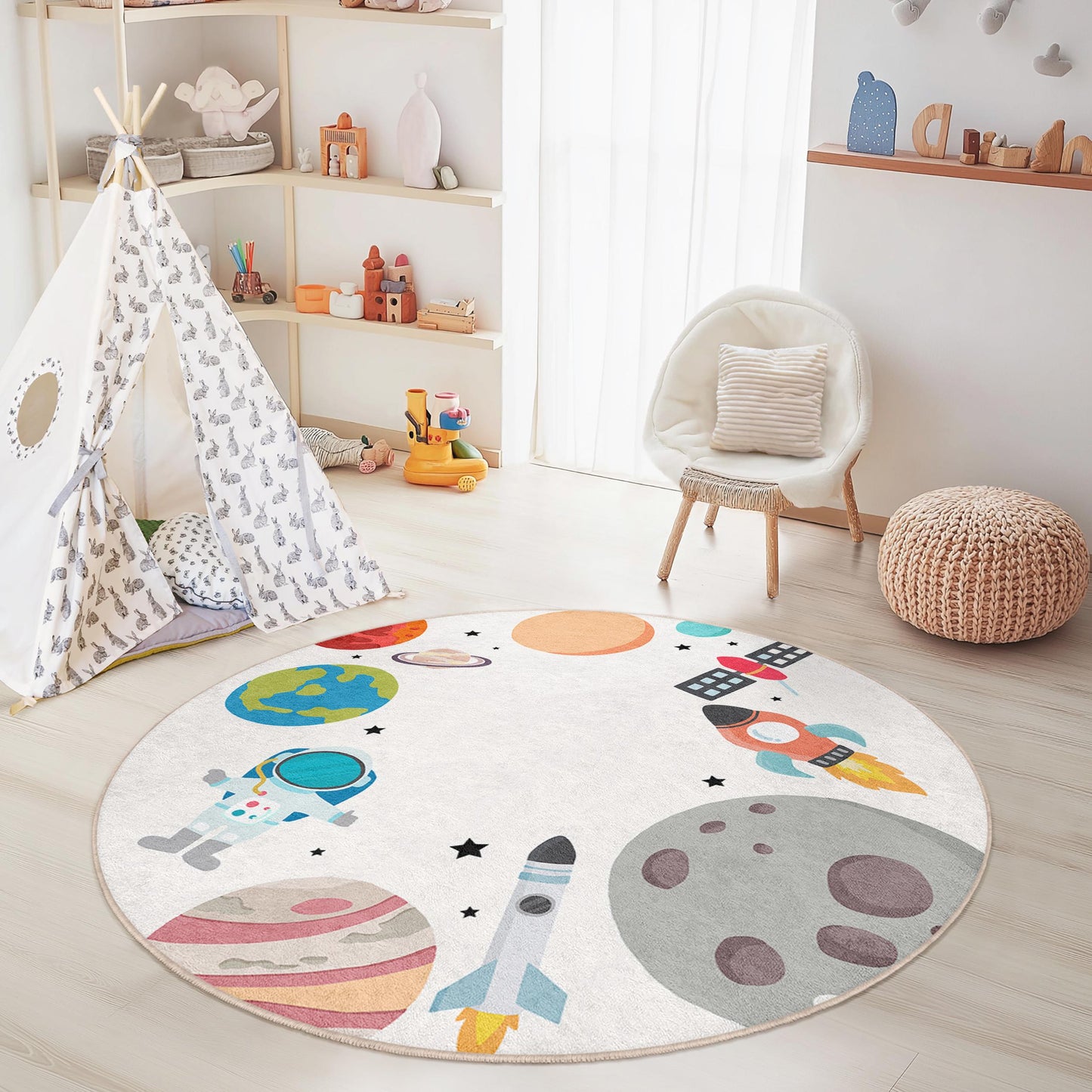 Runder Spielteppich „Kosmisches Abenteuer“ für Kinder, Weltraumteppich, Astronauten- und Planetenteppich, Spielzimmerdekoration, Babymatte
