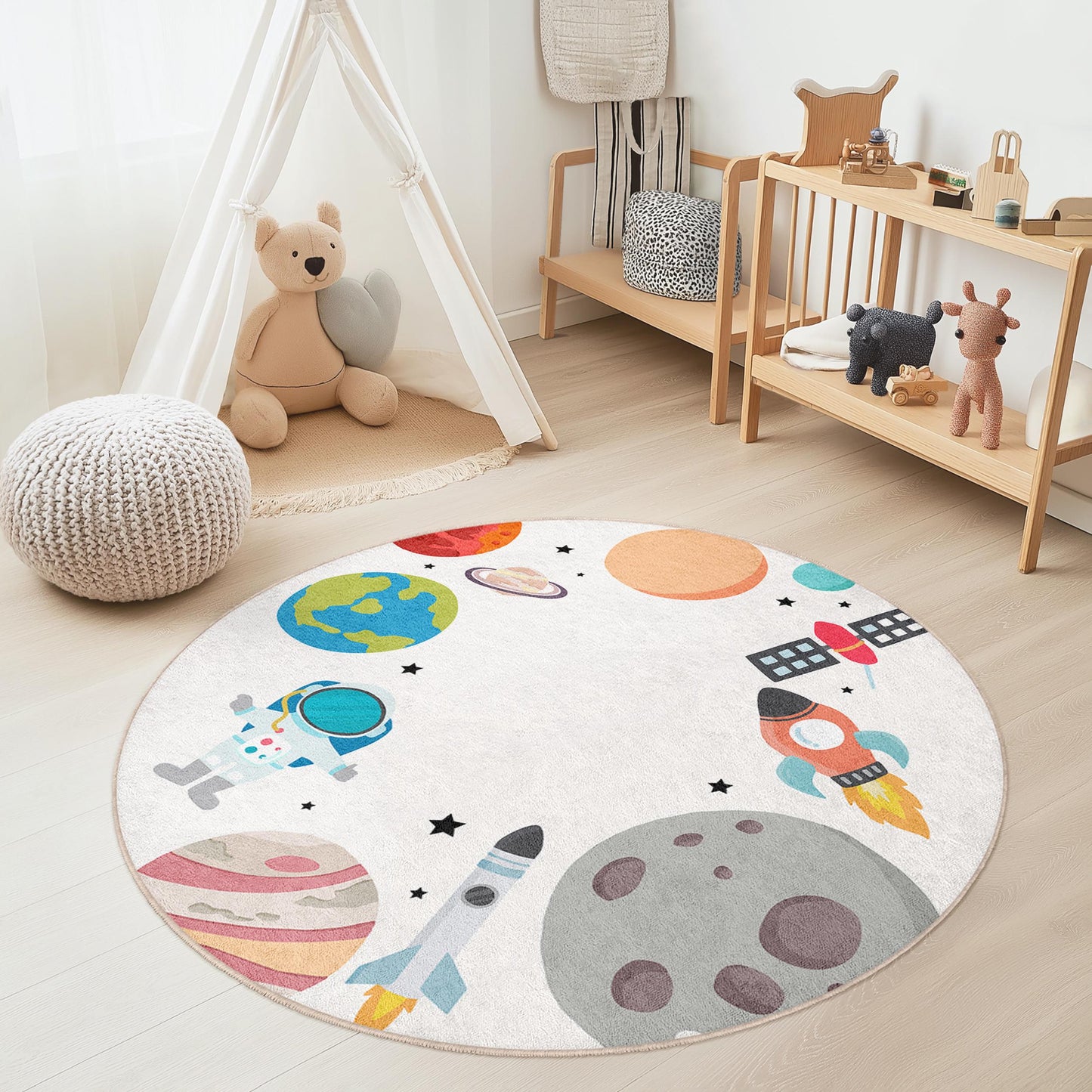 Cosmic Adventure Round Kids Play Rug, Outer Space Themed Carpet, Astronauts & Planets Rug, Playroom Decor, Nursery Mat