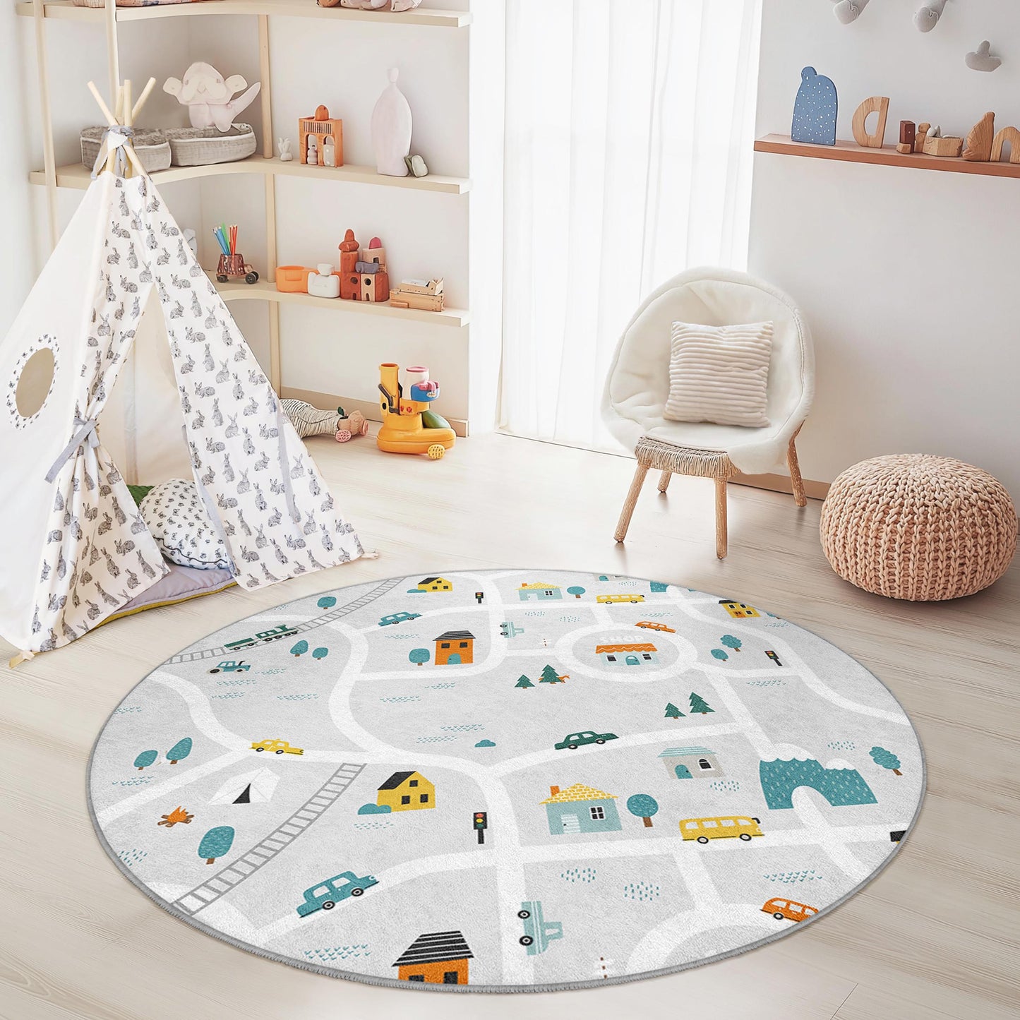Runder Kinderteppich mit verspieltem Straßenkartenmotiv, interaktive Spielmatte fürs Kinderzimmer, weiche Kinderzimmerdekoration, Spielzimmerteppich