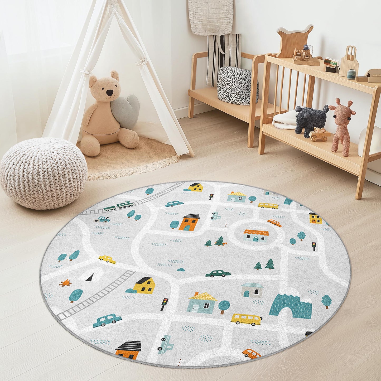 Runder Kinderteppich mit verspieltem Straßenkartenmotiv, interaktive Spielmatte fürs Kinderzimmer, weiche Kinderzimmerdekoration, Spielzimmerteppich