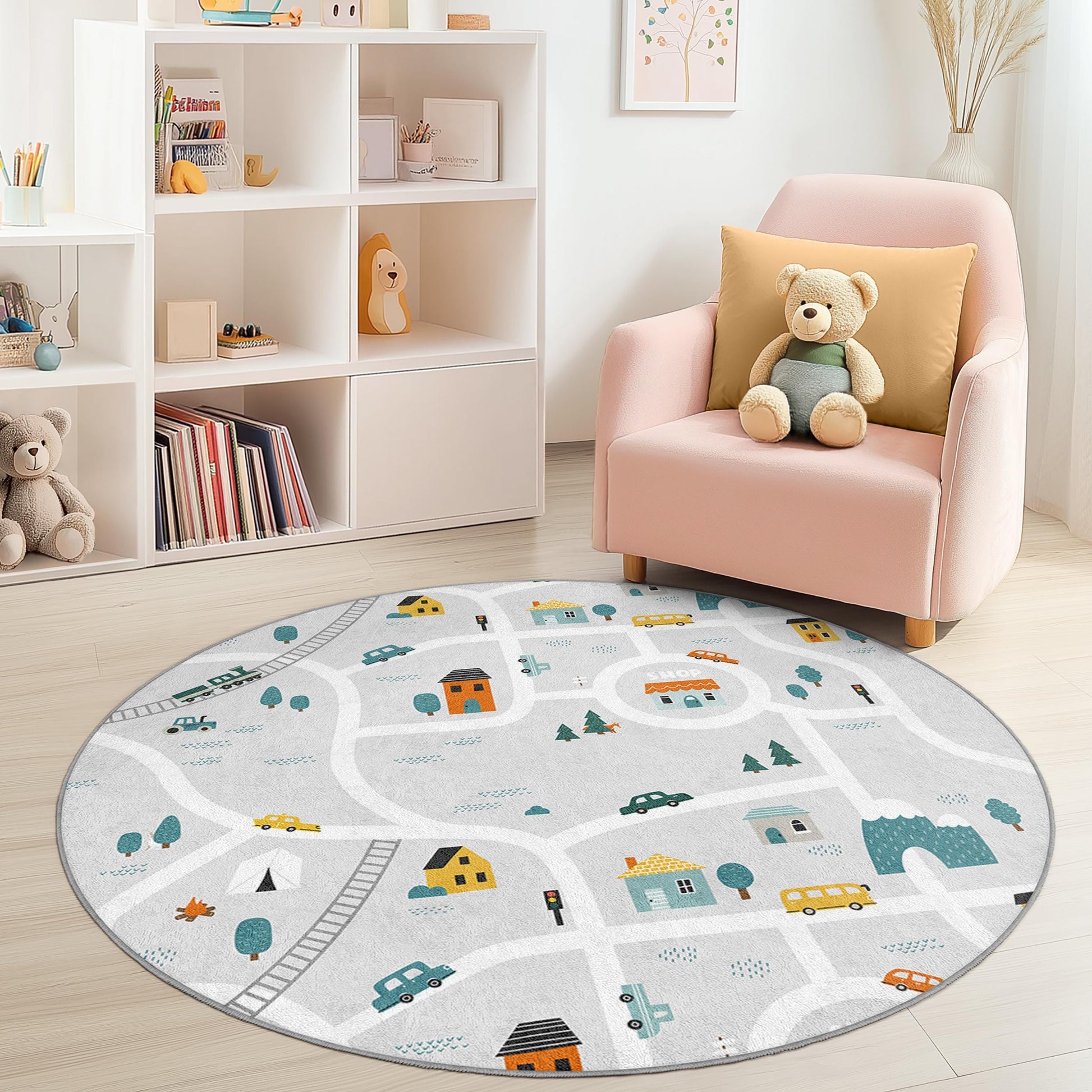Playful Road Map Round Kids Rug, Interactive Play Mat for Children's Room, Soft Nursery Decor, Kids Playroom Rug
