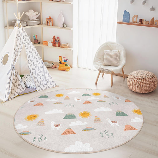 Colorful Sun and Mountain Round Kids Rug, Playful Llama Rug, Nursery Decor, Soft Round Carpet for Kids Room, Animal Theme Rug