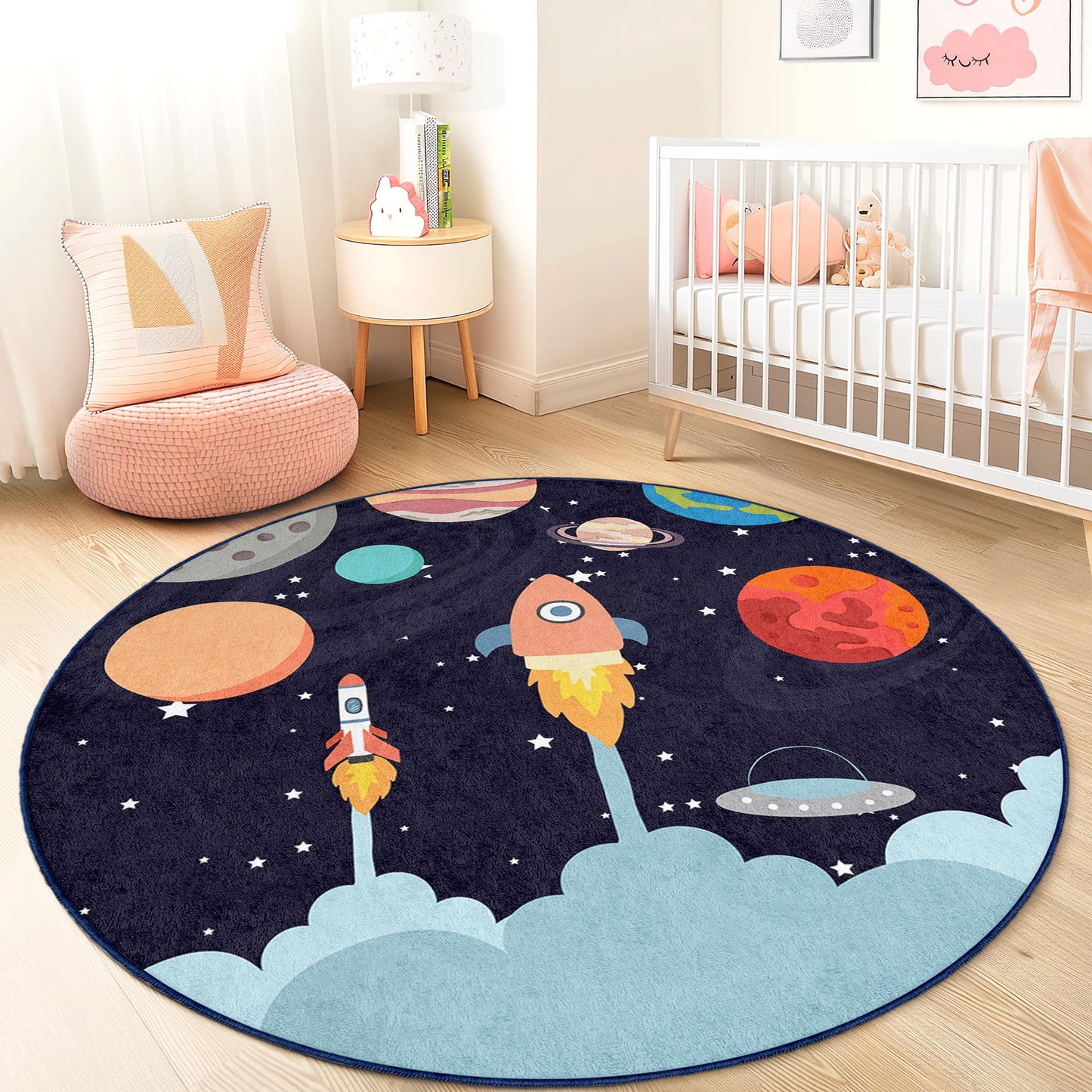 Runder Spielteppich „Raketenabenteuer“ für Kinder, Weltraum-Spielmatte, Weltraum-Deko, Kinderzimmerteppich, Galaxie-Kinderzimmerteppich