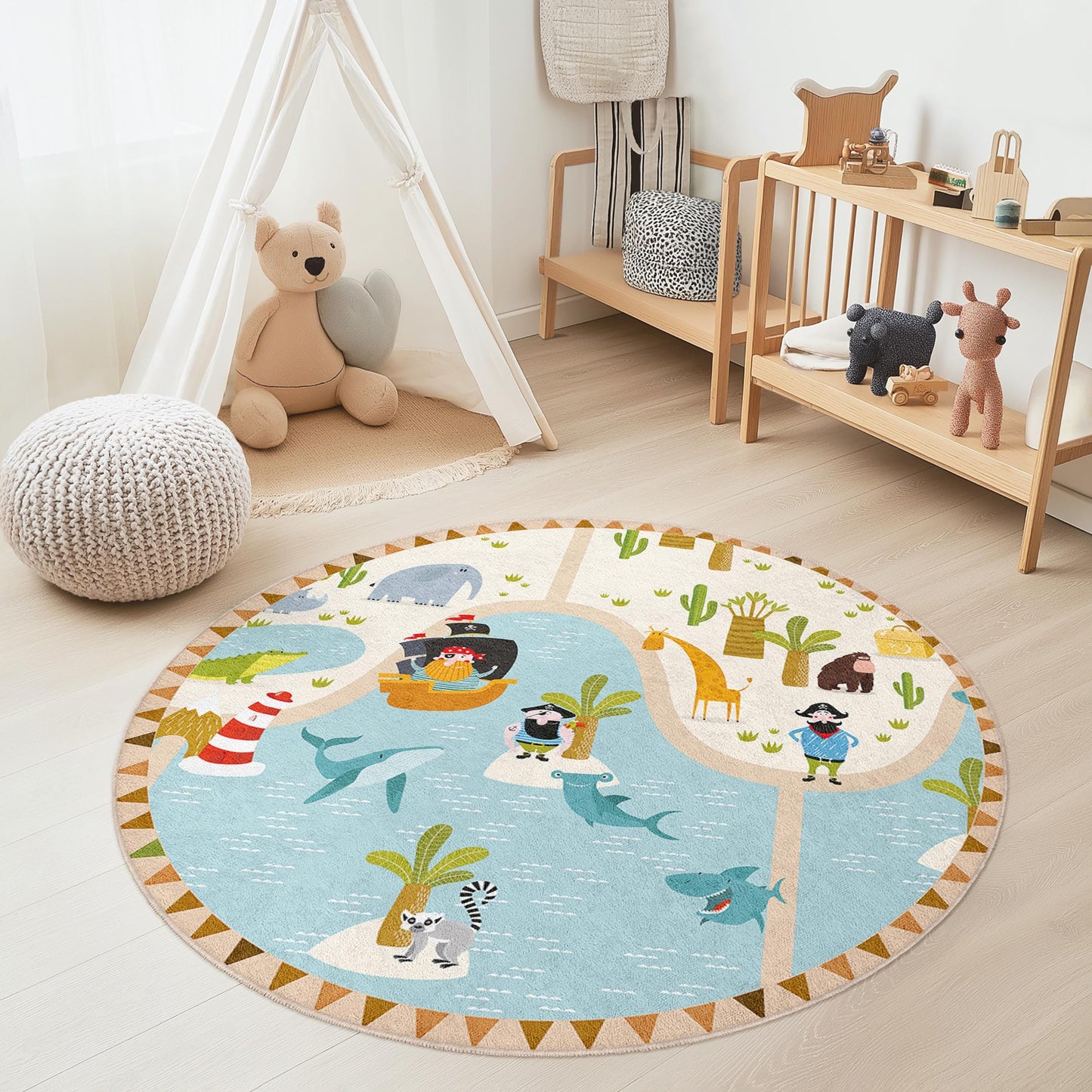 Piratenabenteuer-Runder Kinderteppich, verspielter Karten-Kinderteppich, Kinderzimmerdeko, weiche Spielmatte fürs Kinderzimmer, lustiges Tiermotiv