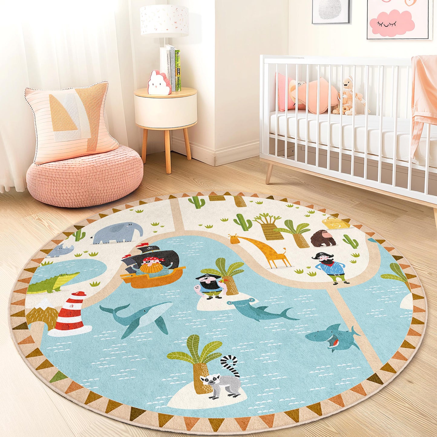 Piratenabenteuer-Runder Kinderteppich, verspielter Karten-Kinderteppich, Kinderzimmerdeko, weiche Spielmatte fürs Kinderzimmer, lustiges Tiermotiv