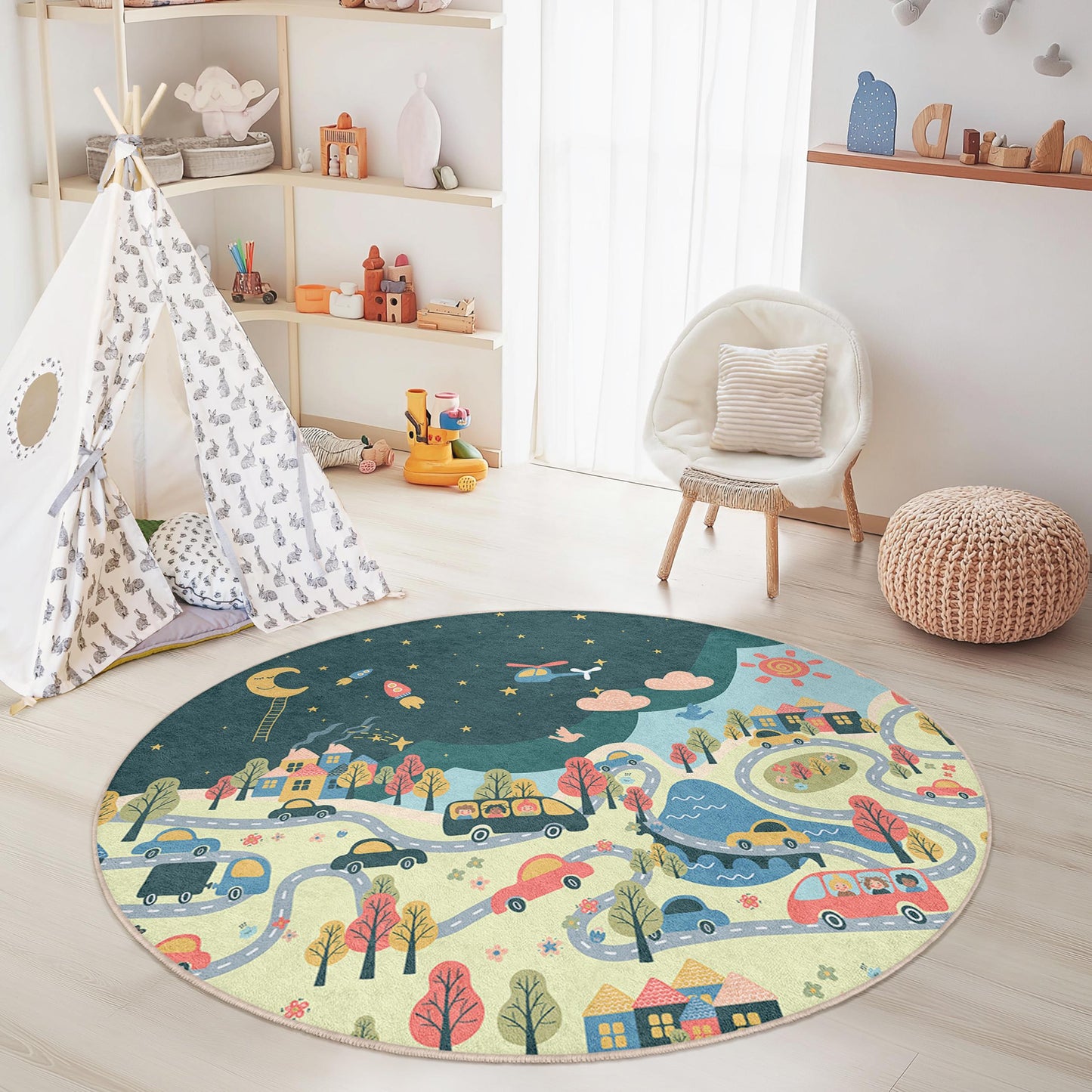 Runder Spielteppich mit traumhaftem Nachthimmel-Motiv für Kinder, verspielter Straßenkarten-Spielteppich fürs Kinderzimmer, Spielzimmerdeko, weicher Kinderteppich für fantasievolles Spielen