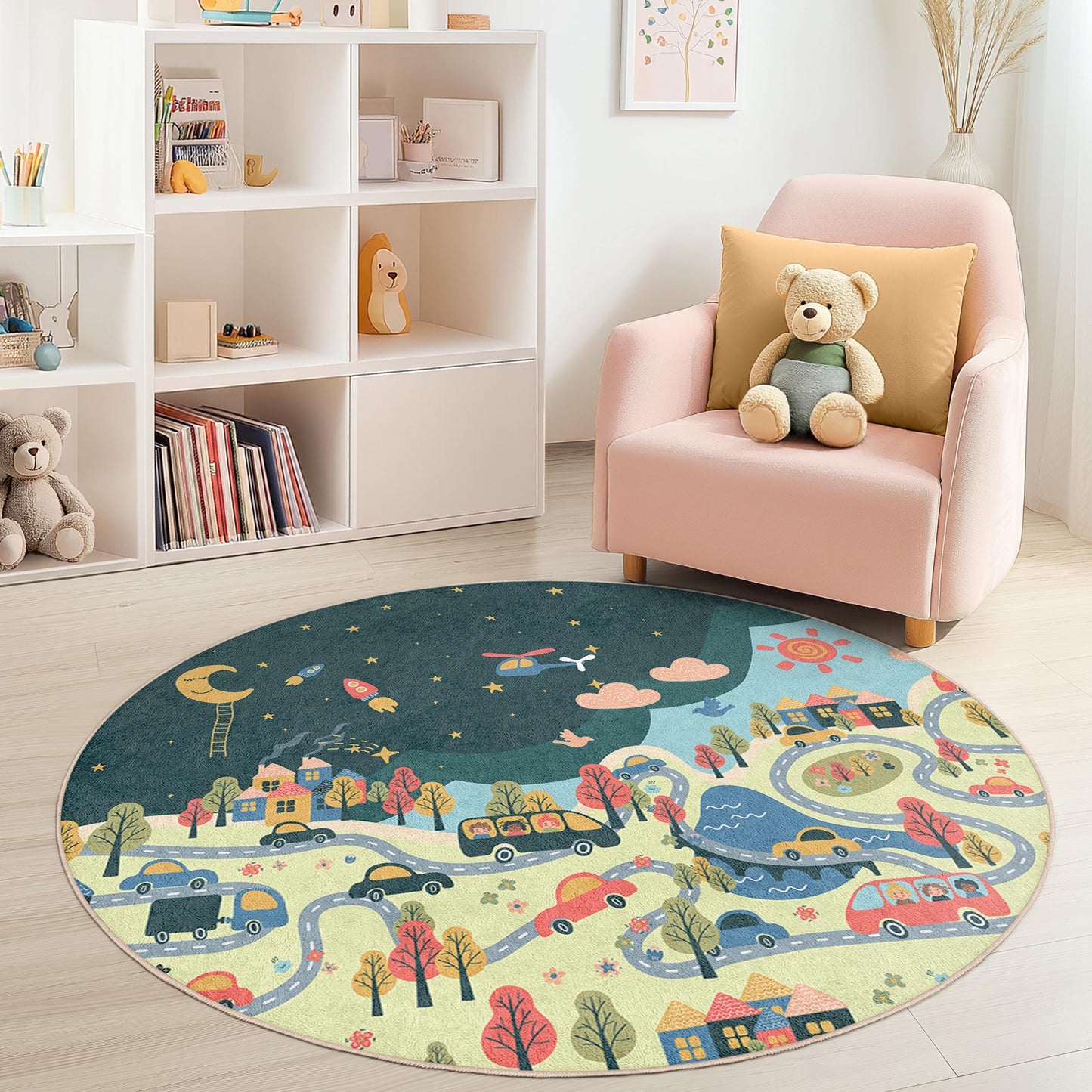 Runder Spielteppich mit traumhaftem Nachthimmel-Motiv für Kinder, verspielter Straßenkarten-Spielteppich fürs Kinderzimmer, Spielzimmerdeko, weicher Kinderteppich für fantasievolles Spielen