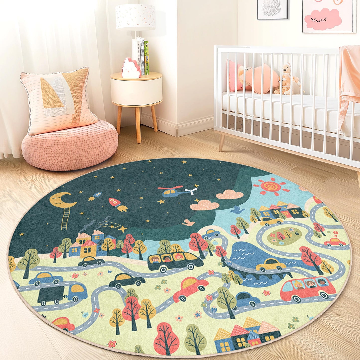 Runder Spielteppich mit traumhaftem Nachthimmel-Motiv für Kinder, verspielter Straßenkarten-Spielteppich fürs Kinderzimmer, Spielzimmerdeko, weicher Kinderteppich für fantasievolles Spielen