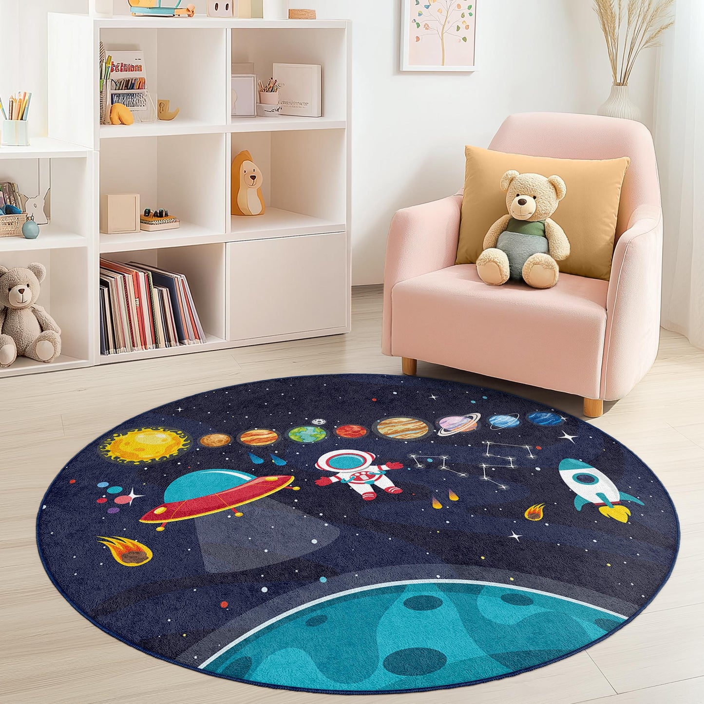 Runder Kinderteppich „Weltraumabenteuer“, Spielmatte mit Astronauten und Planeten, weicher Teppich im Galaxie-Design für Kinderzimmer, Kinderzimmerdekoration