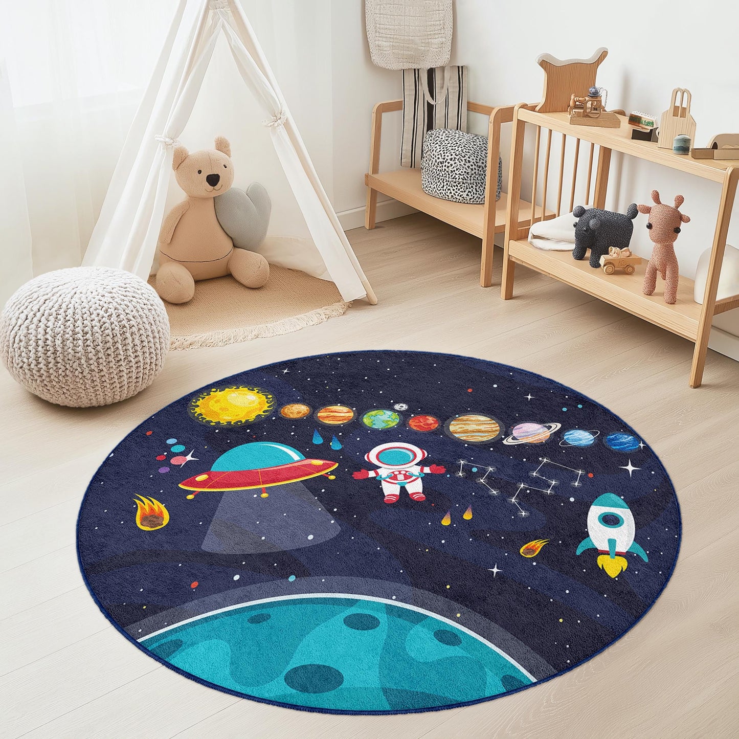 Runder Kinderteppich „Weltraumabenteuer“, Spielmatte mit Astronauten und Planeten, weicher Teppich im Galaxie-Design für Kinderzimmer, Kinderzimmerdekoration