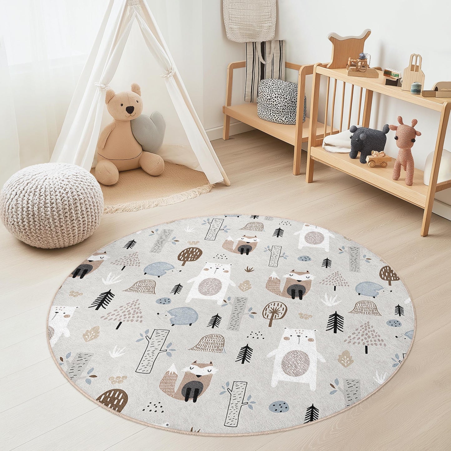 Runder Kinderteppich mit verspielten Waldtieren, niedliches Bären- und Igelmotiv, Kinderzimmerteppich, weiche Spielmatte, Babyzimmerteppich