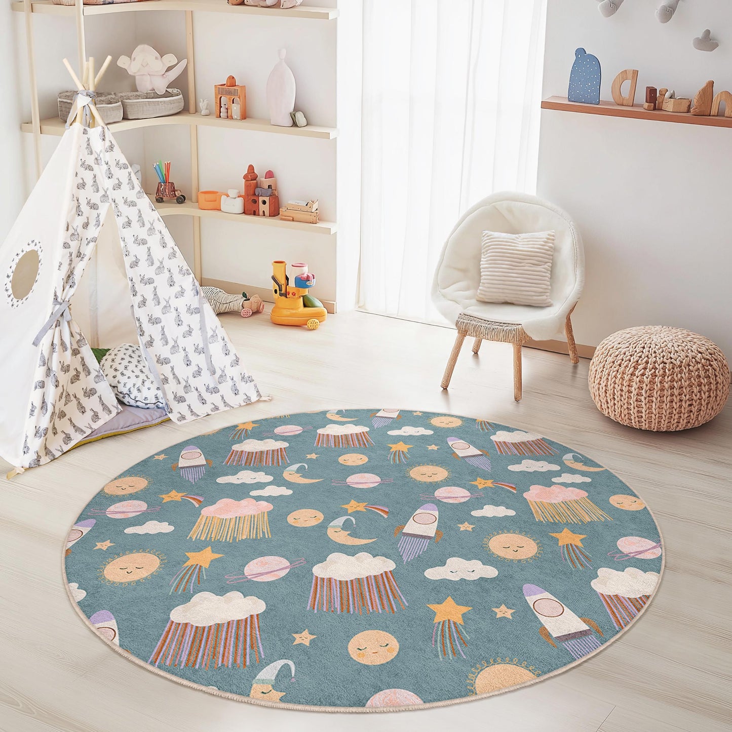Verspielter runder Weltraum-Kinderteppich, Raketen- und Sternen-Kinderzimmerteppich, Spielzimmerdekoration, weiche Spielmatte für Kinder