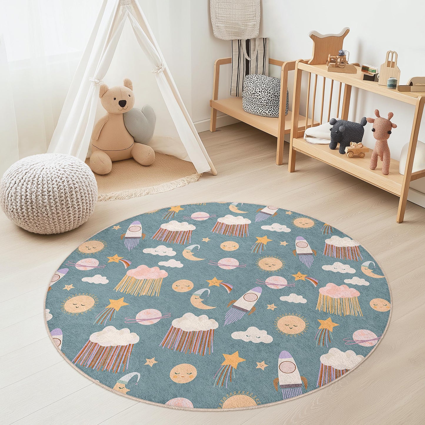 Verspielter runder Weltraum-Kinderteppich, Raketen- und Sternen-Kinderzimmerteppich, Spielzimmerdekoration, weiche Spielmatte für Kinder