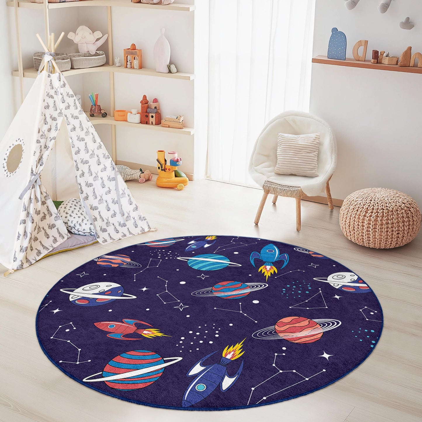 Runder Spielteppich „Weltraumabenteuer“ für Kinder, Raketen- und Planetenmotiv, Kosmische Spielmatte fürs Kinderzimmer, Astronauten-Deko