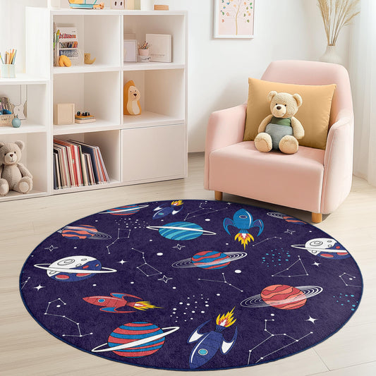 Space Adventure Round Kids Play Rug, Rocket and Planet Design, Cosmic Play Mat for Children's Room, Astronaut Decor